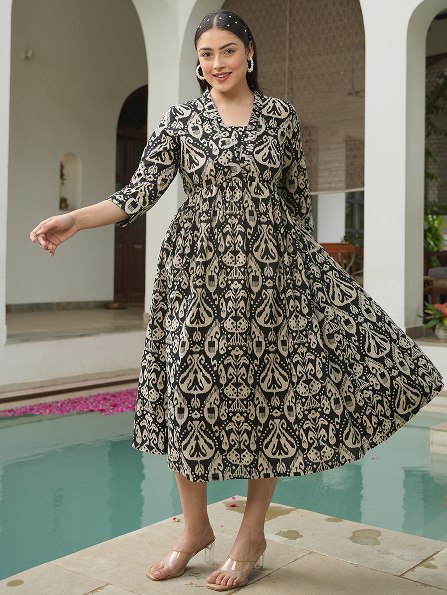 Soft Cotton Ikat Gathered Black Dress