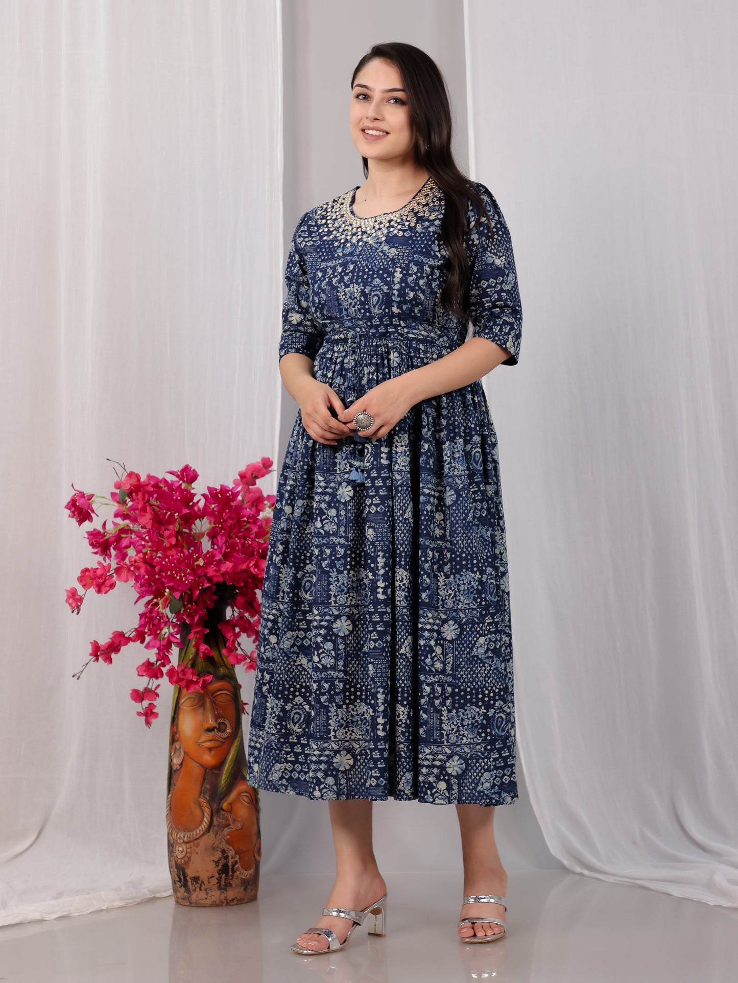 Embroidered Soft Cotton Paisley Anarkali Indigo blue Kurta
