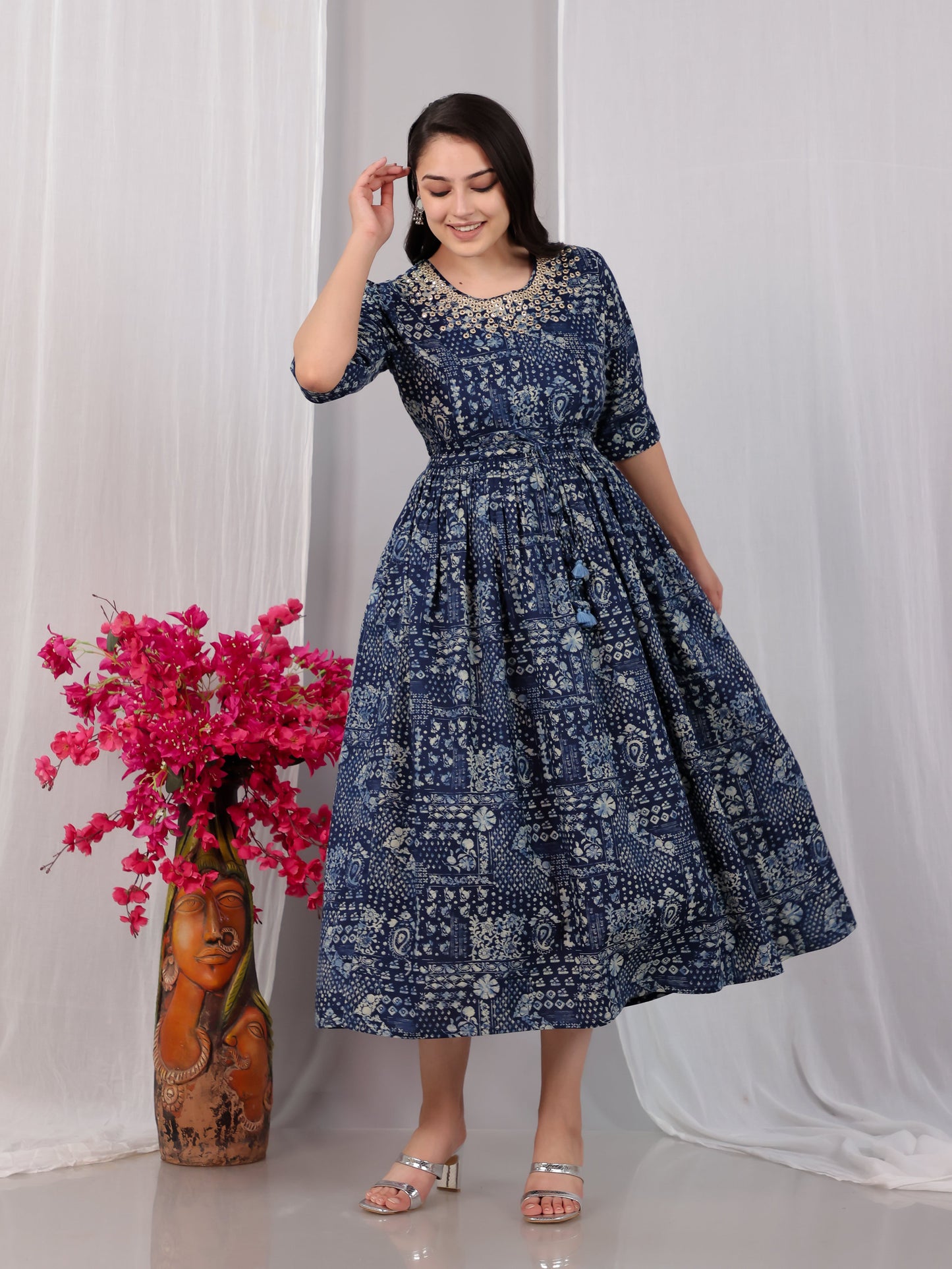 Embroidered Soft Cotton Paisley Anarkali Indigo blue Kurta