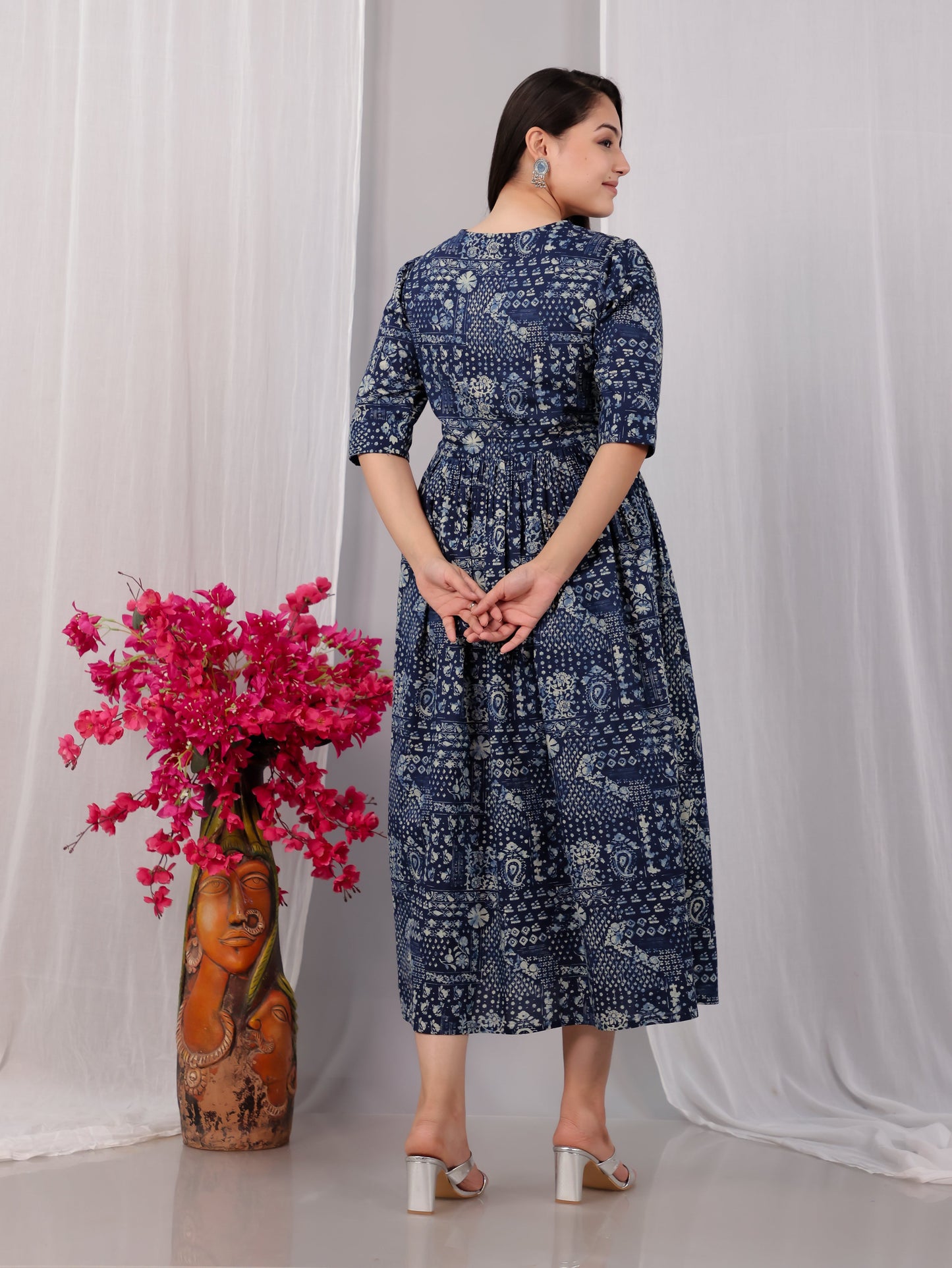 Embroidered Soft Cotton Paisley Anarkali Indigo blue Kurta