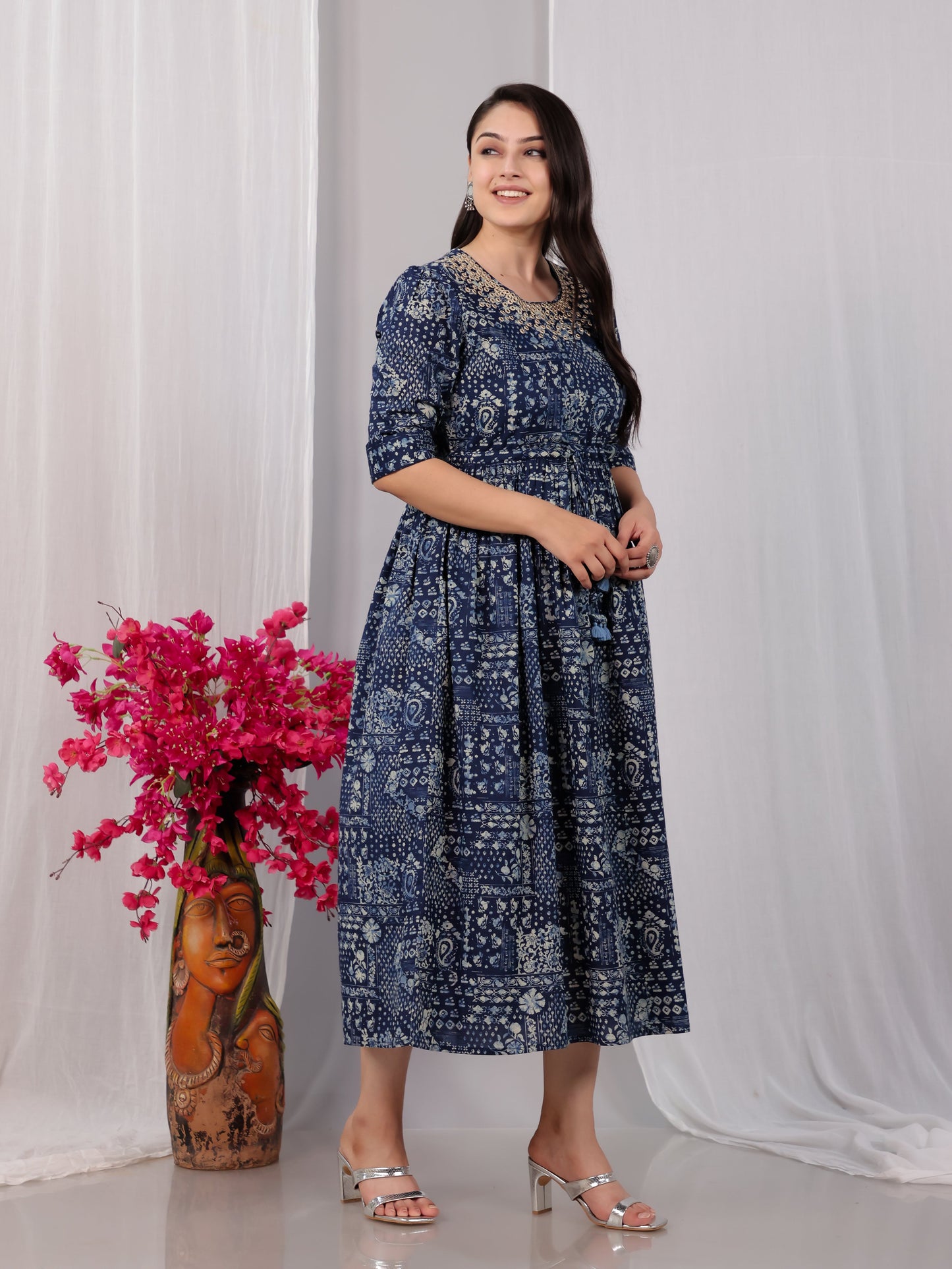 Embroidered Soft Cotton Paisley Anarkali Indigo blue Kurta