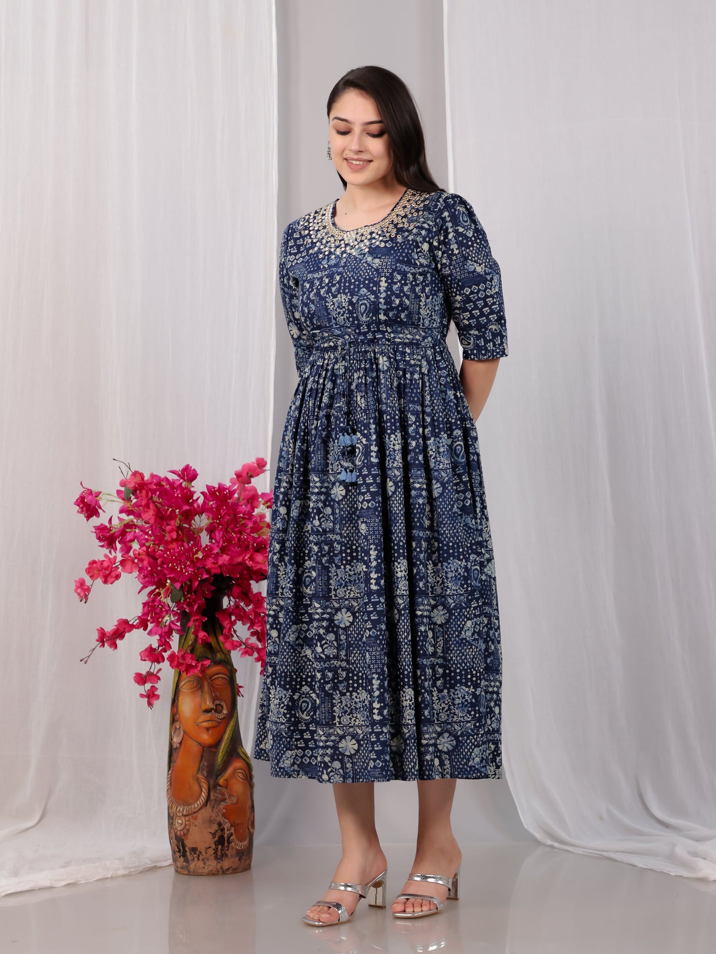 Embroidered Soft Cotton Paisley Anarkali Indigo blue Kurta