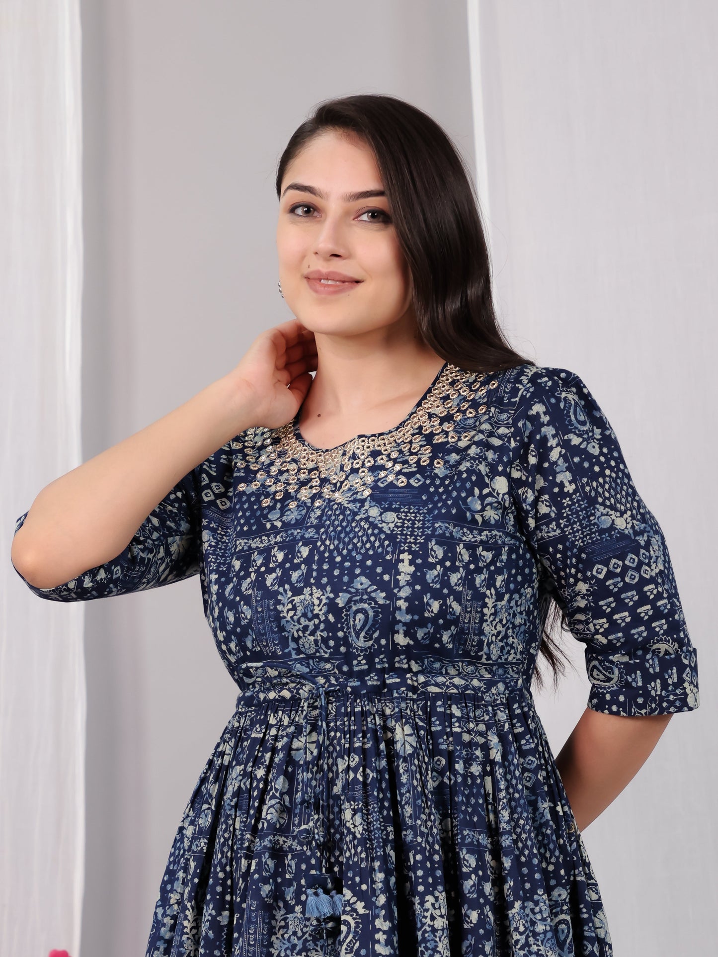 Embroidered Soft Cotton Paisley Anarkali Indigo blue Kurta