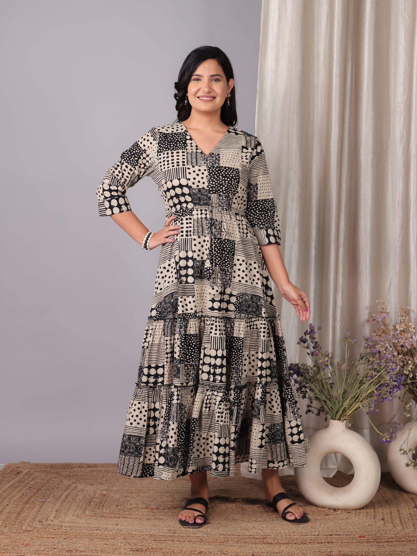 Soft Cotton Patchwork A-line Black Dress