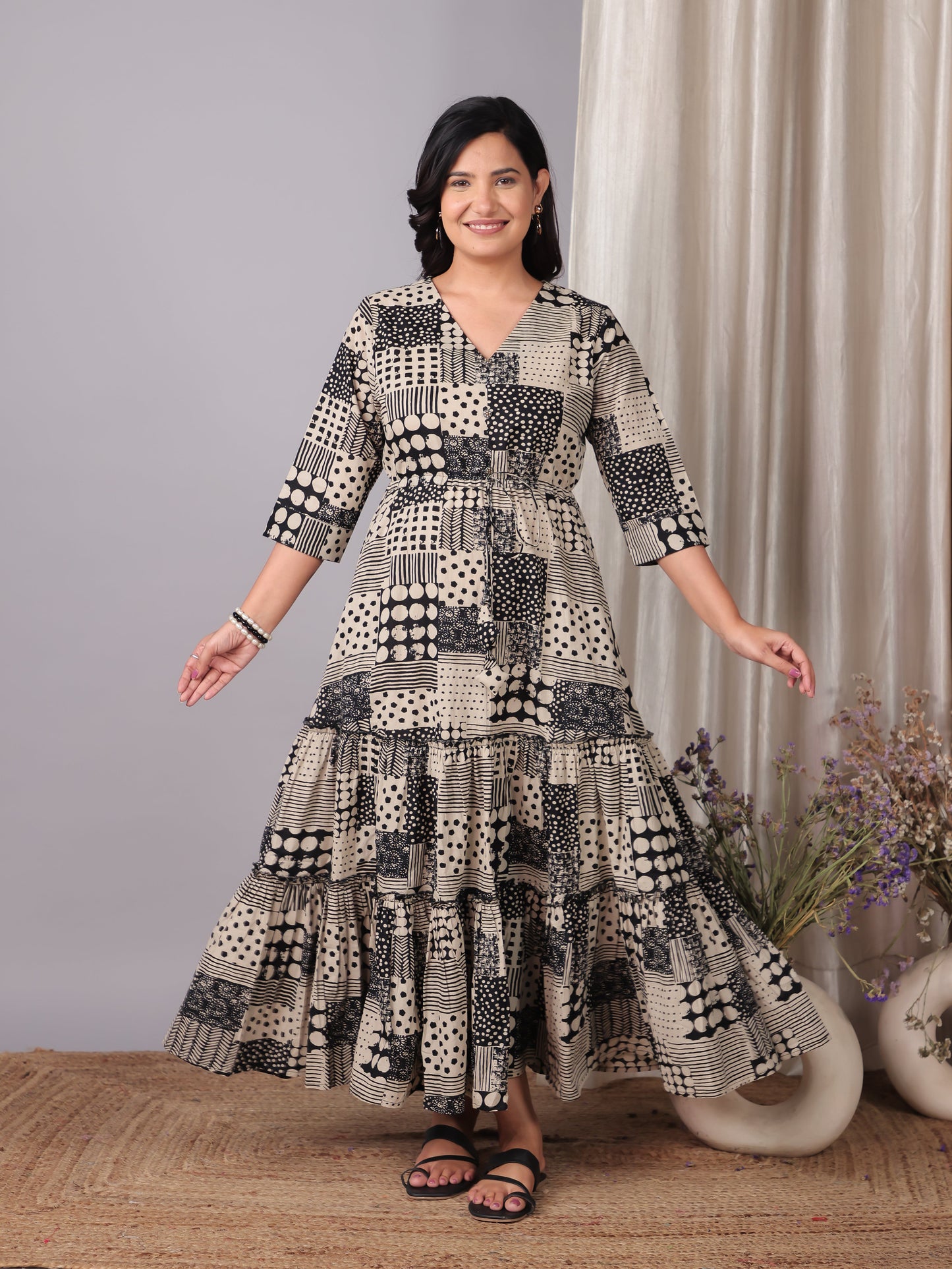 Soft Cotton Patchwork A-line Black Dress