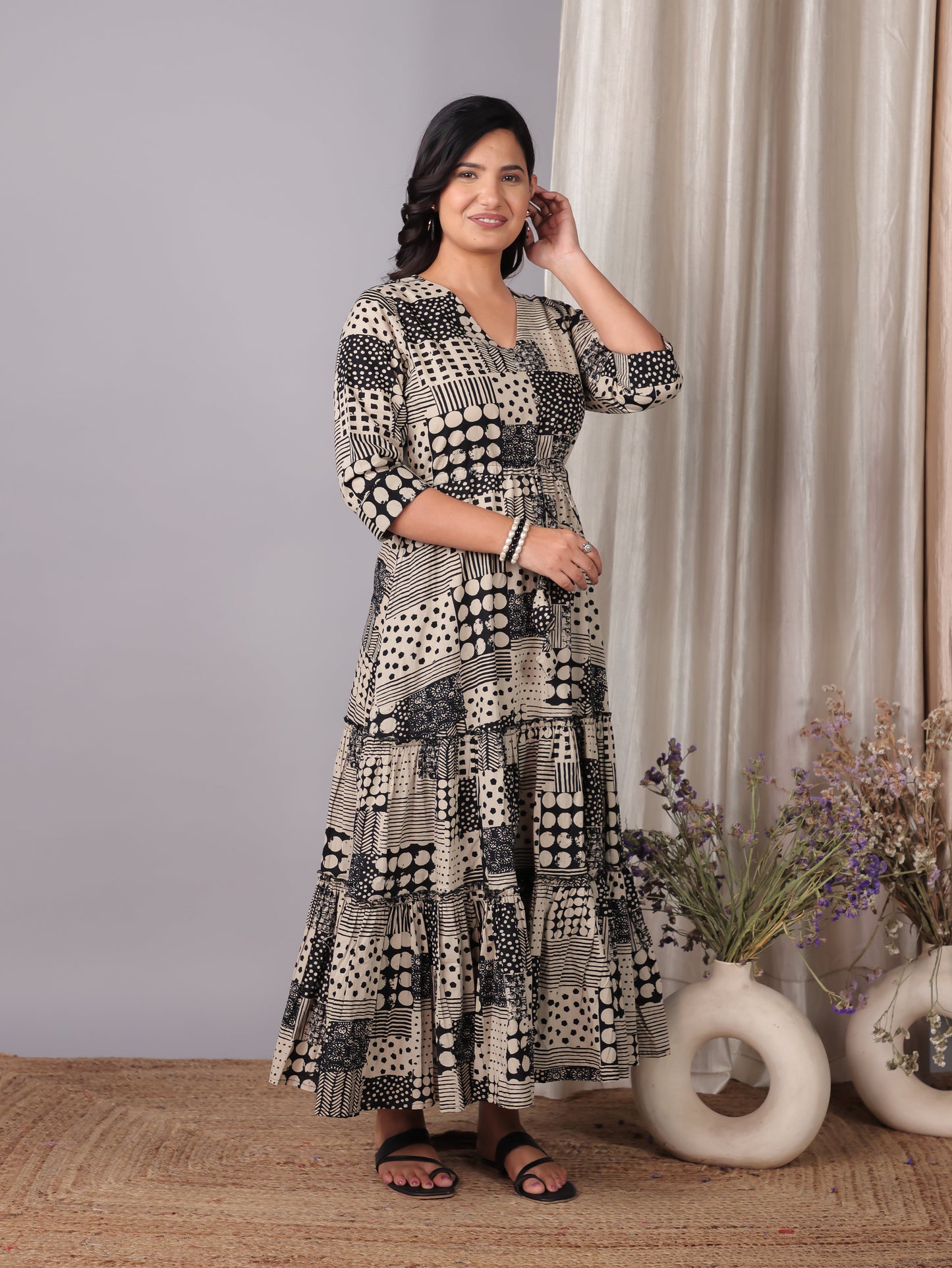 Soft Cotton Patchwork A-line Black Dress