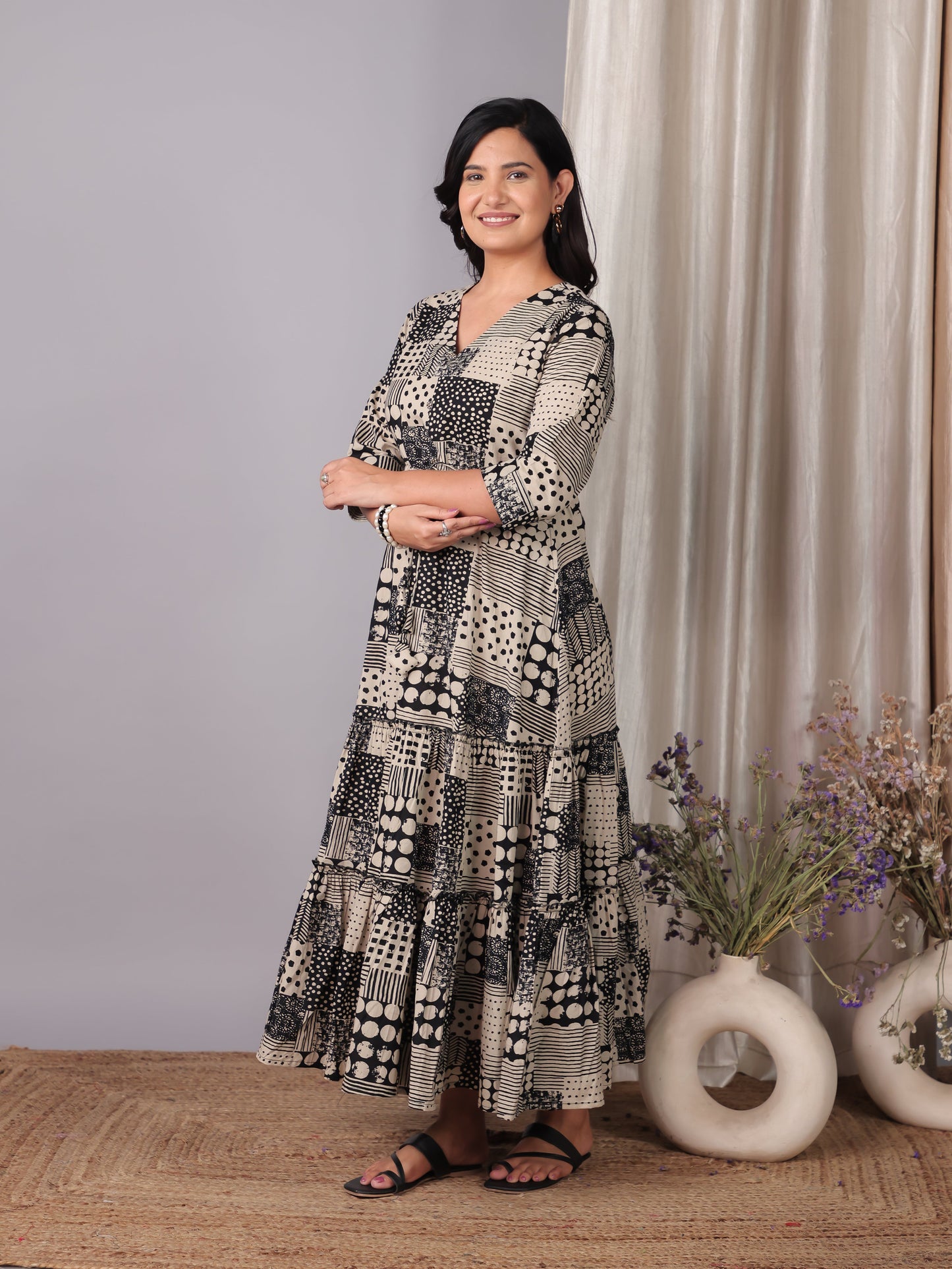 Soft Cotton Patchwork A-line Black Dress