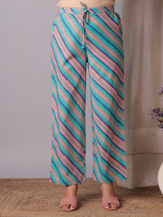 Soft Cotton Striped Turquoise Blue Straight Trousers