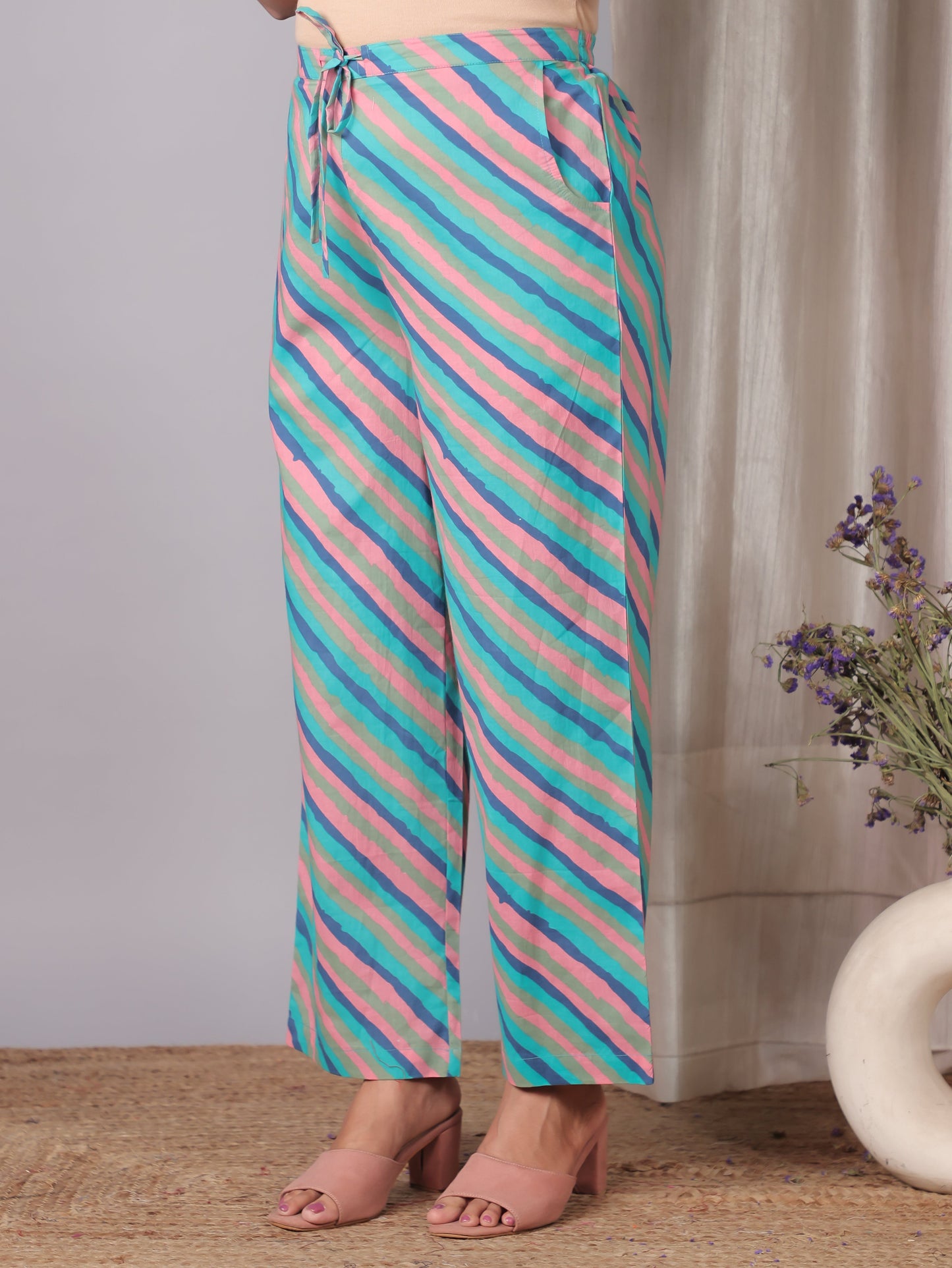 Soft Cotton Striped Turquoise Blue Straight Trousers