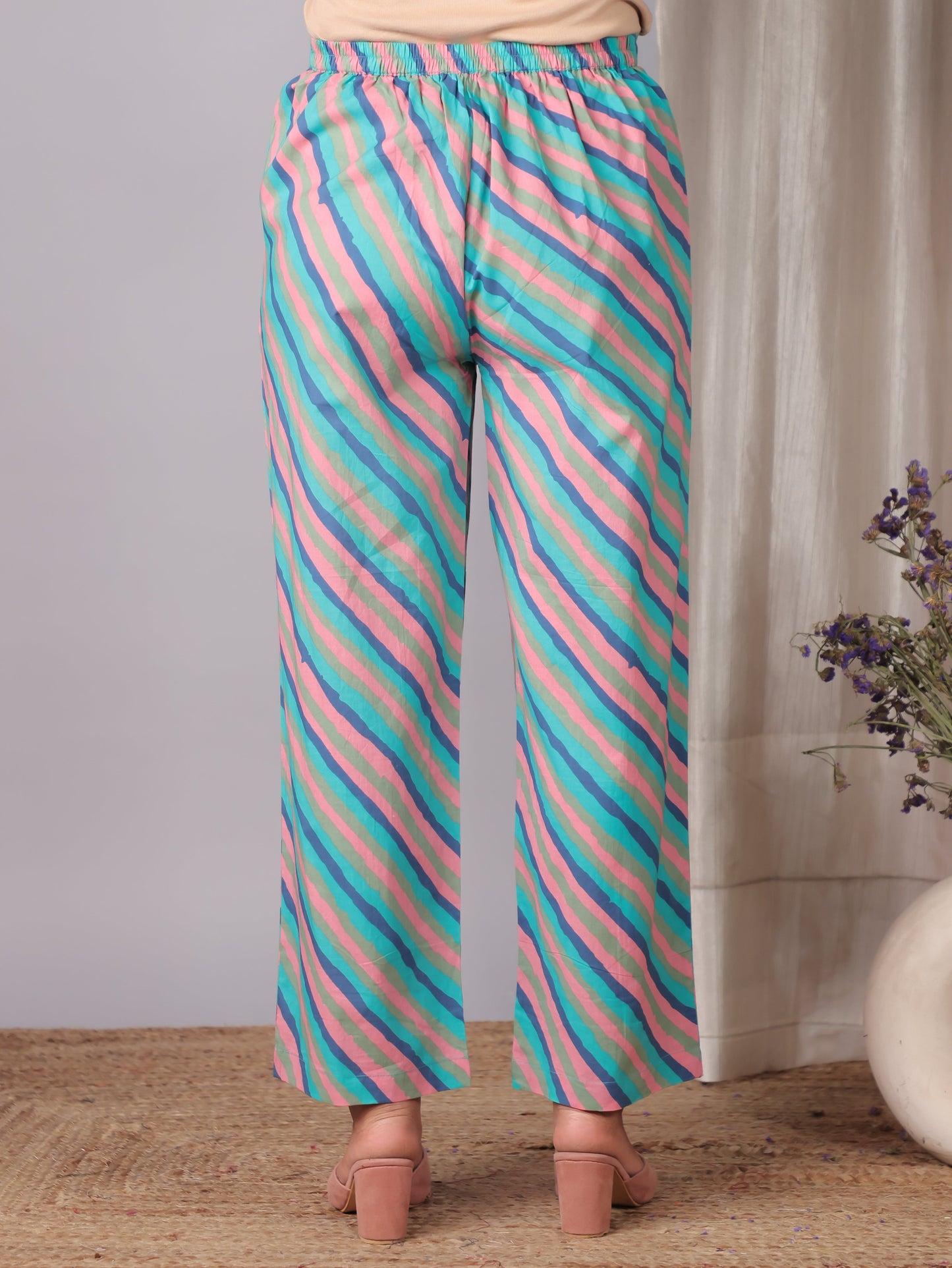 Soft Cotton Striped Turquoise Blue Straight Trousers