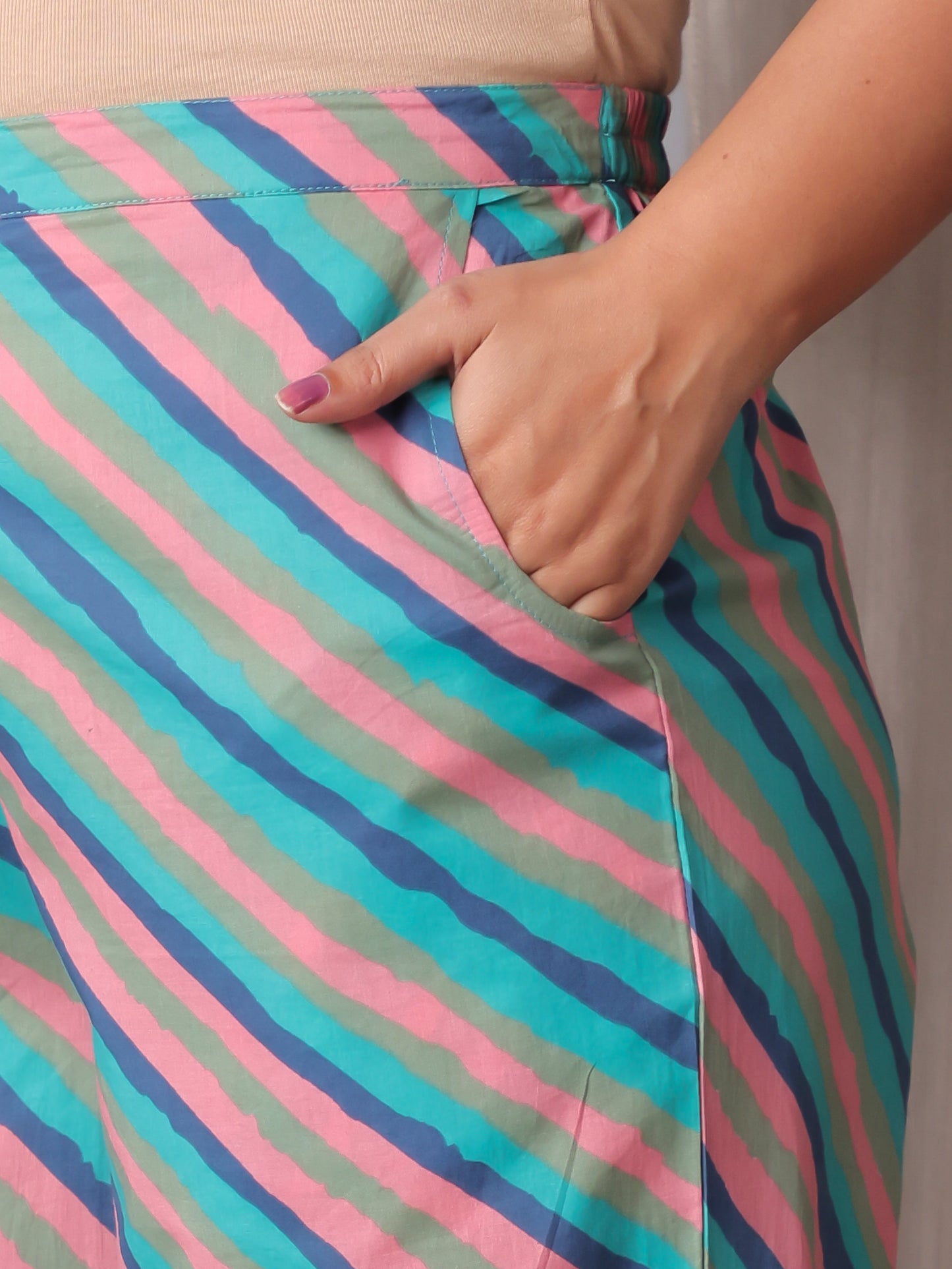 Soft Cotton Striped Turquoise Blue Straight Trousers