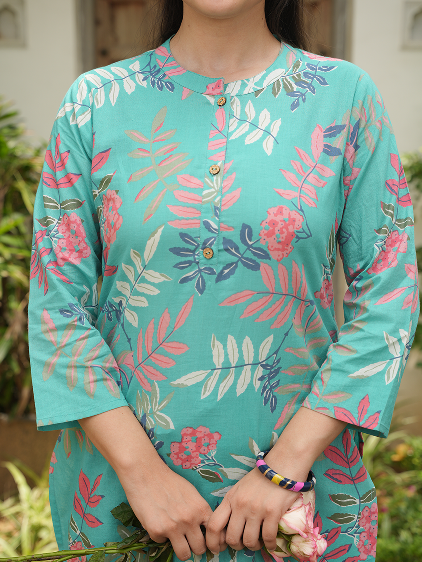 Soft Cotton Foliage Straight Turquoise Blue Kurta