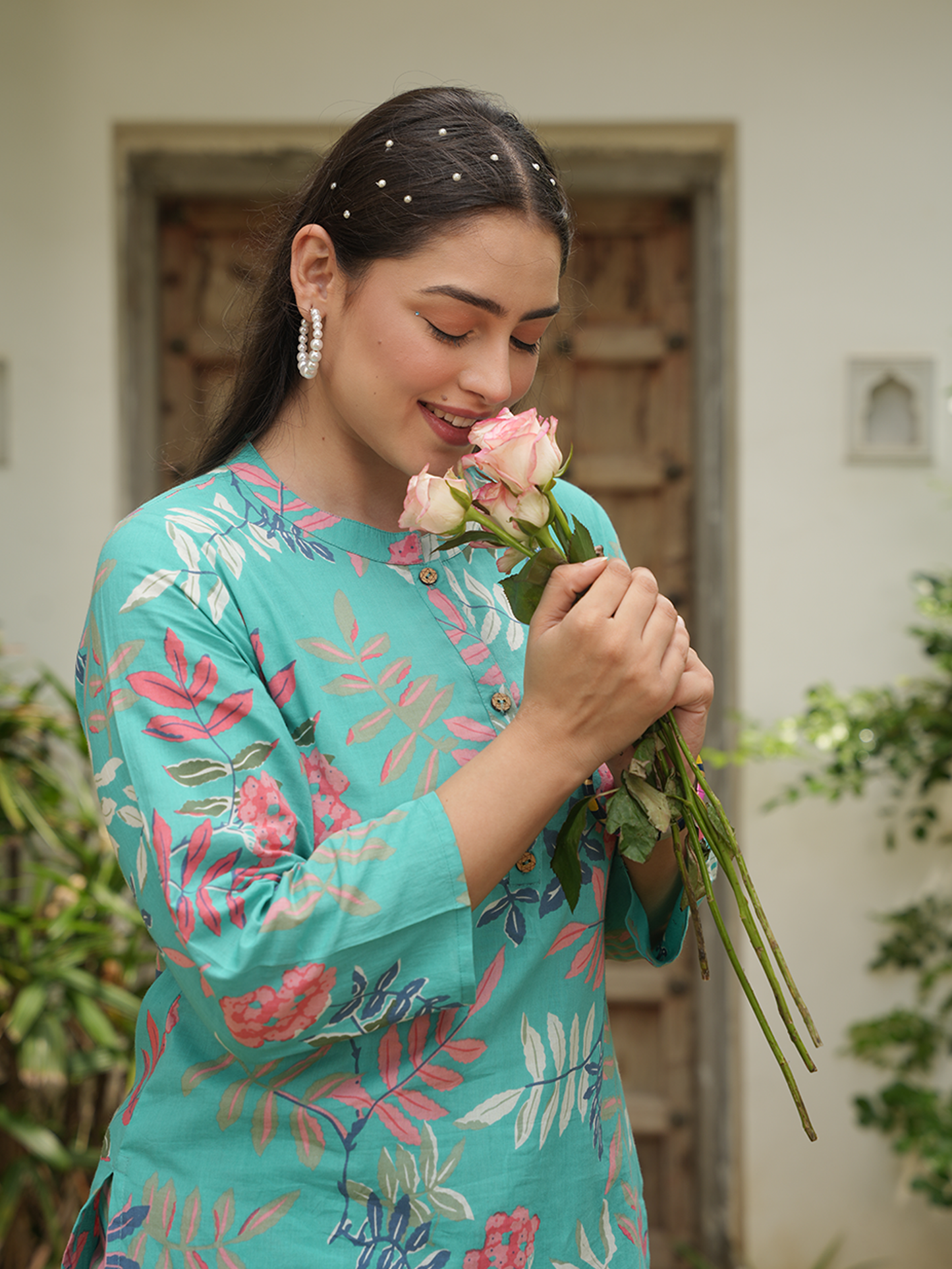 Soft Cotton Foliage Straight Turquoise Blue Kurta