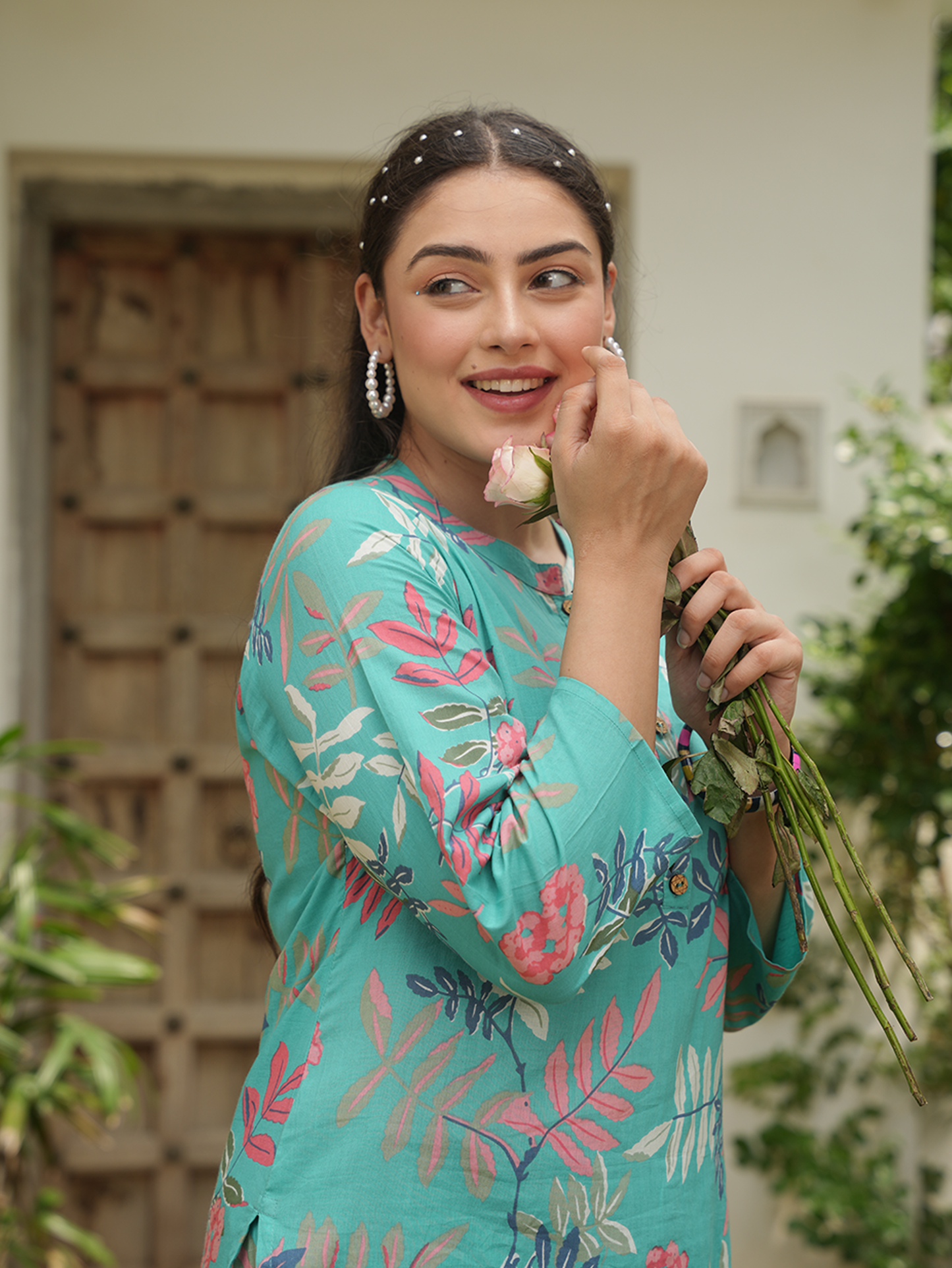 Soft Cotton Foliage Straight Turquoise Blue Kurta