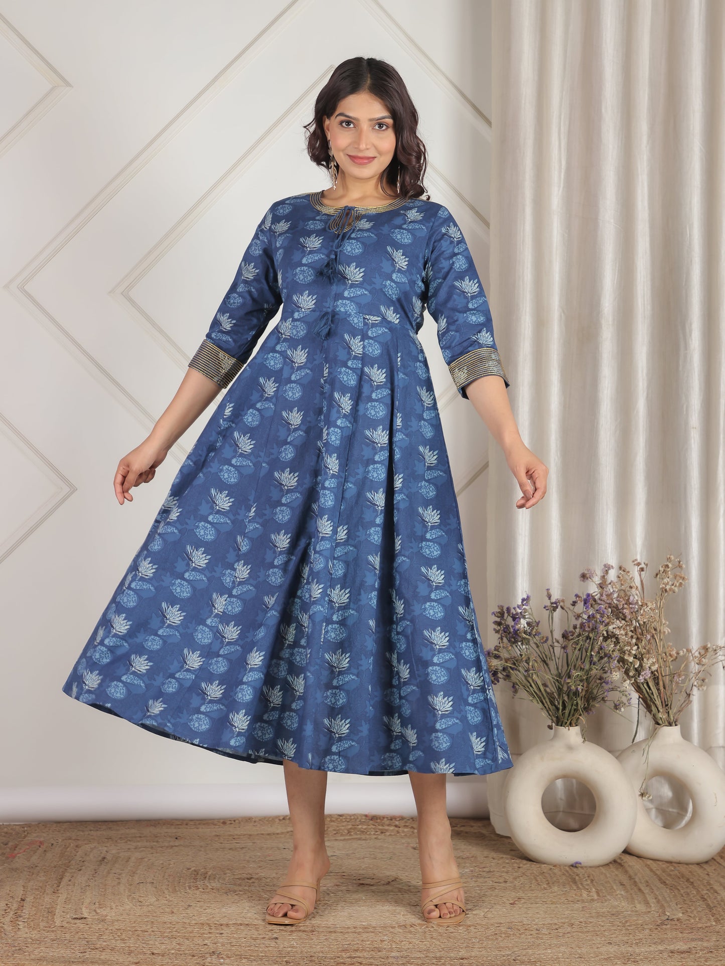 Embroidered Soft Cotton Floral Flared Blue Dress