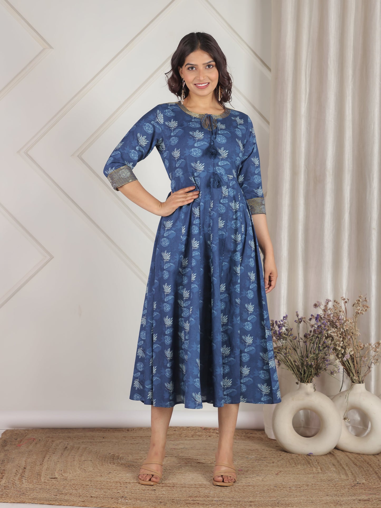 Embroidered Soft Cotton Floral Flared Blue Dress