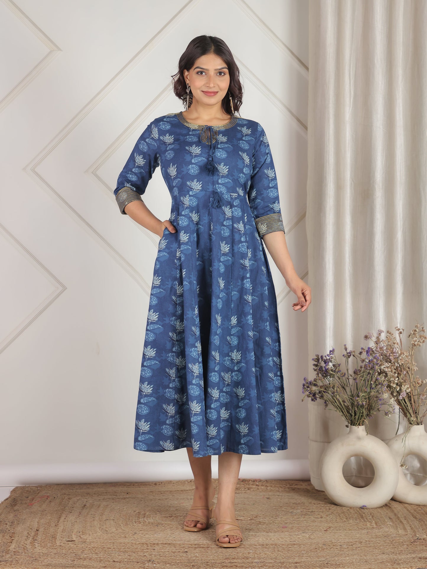 Embroidered Soft Cotton Floral Flared Blue Dress