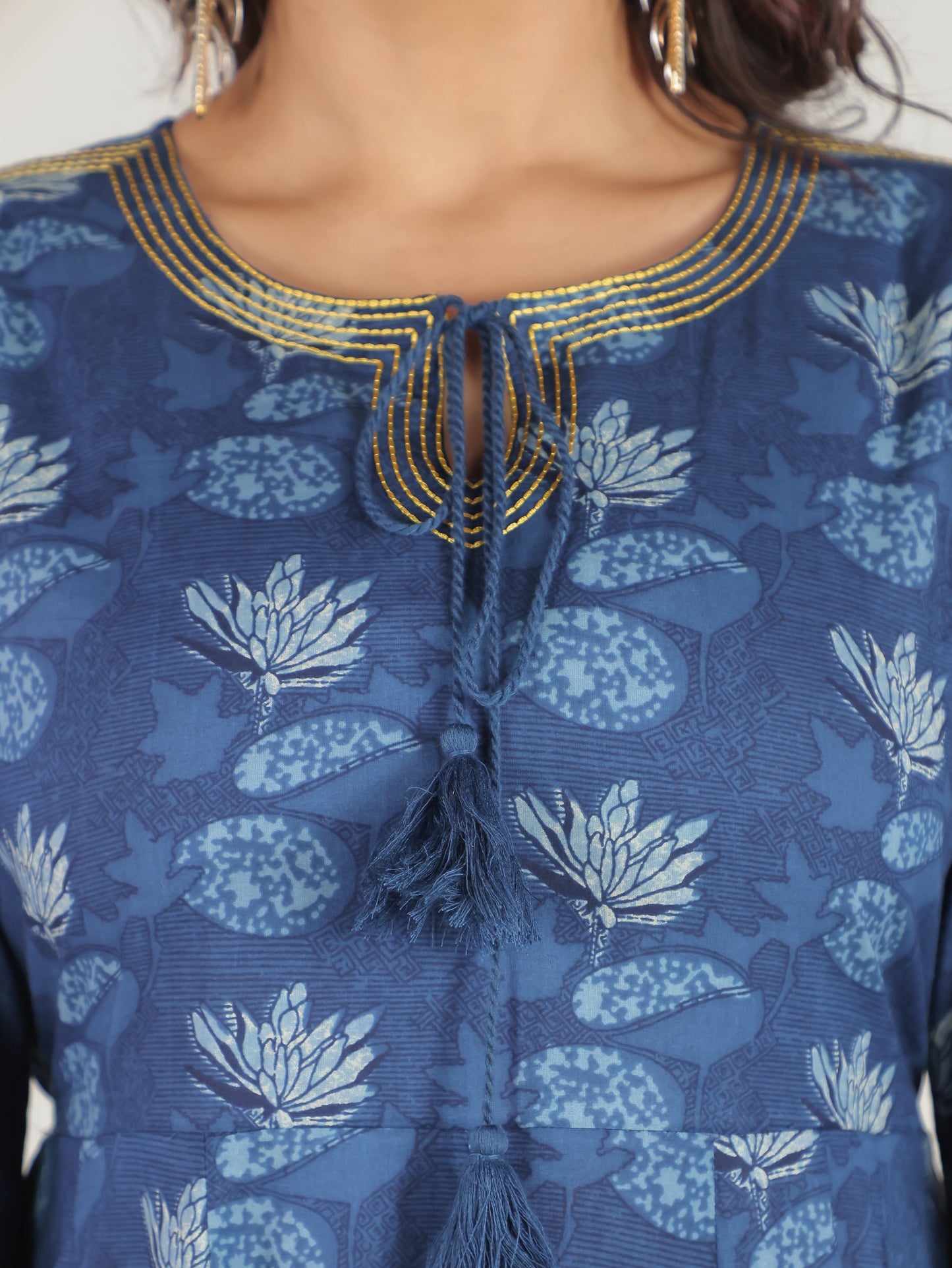 Embroidered Soft Cotton Floral Flared Blue Dress