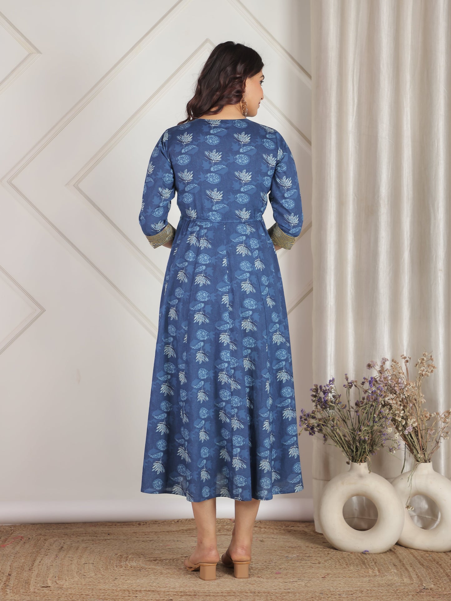 Embroidered Soft Cotton Floral Flared Blue Dress