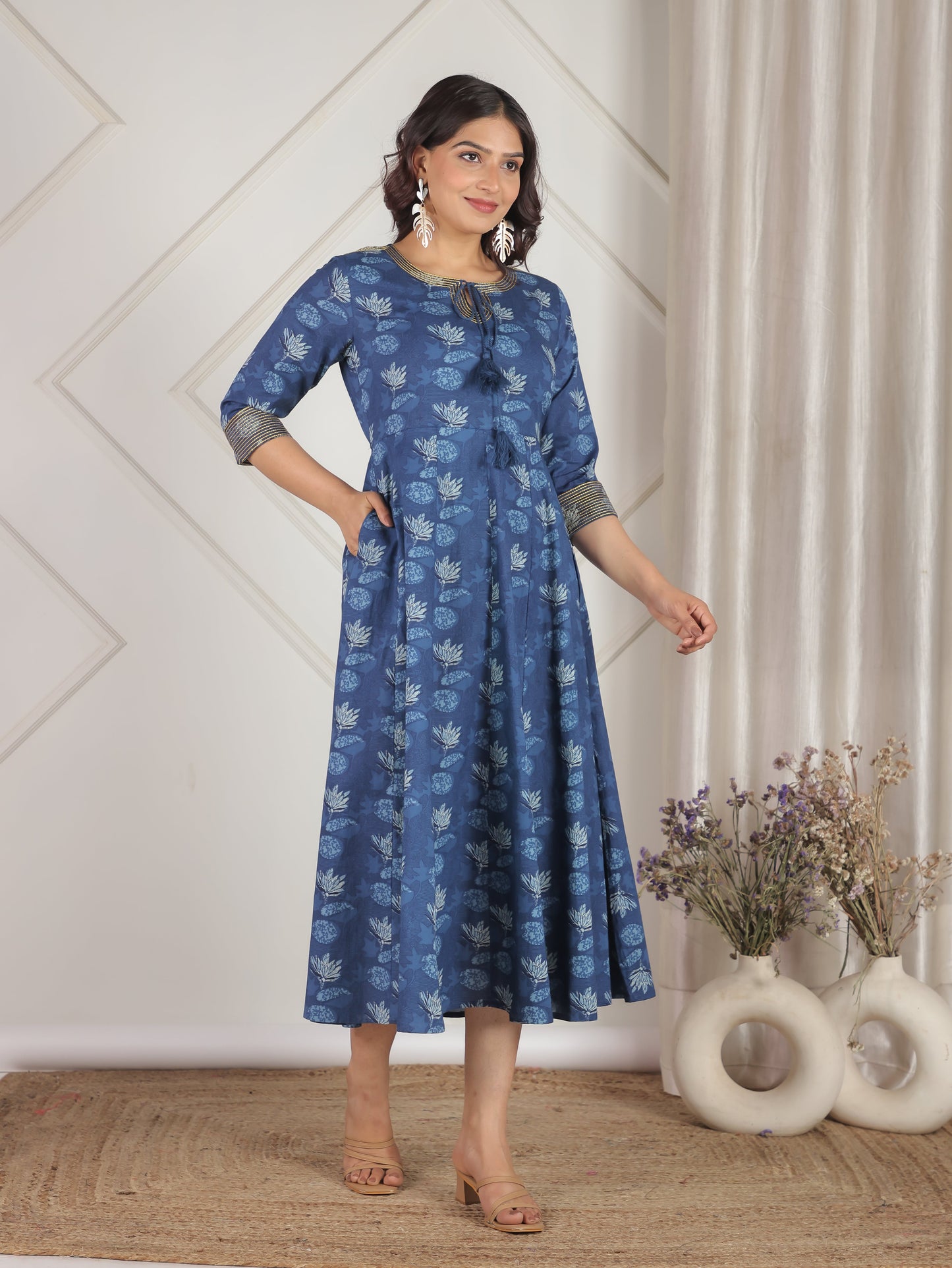 Embroidered Soft Cotton Floral Flared Blue Dress