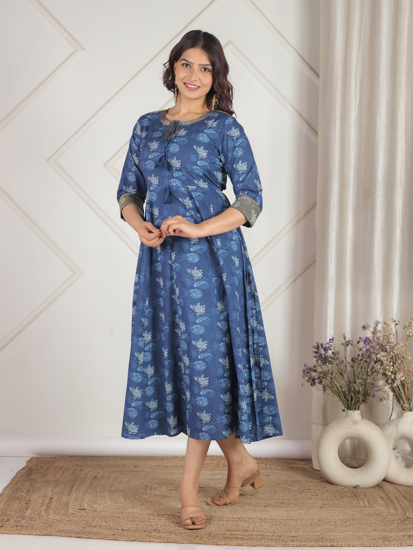 Embroidered Soft Cotton Floral Flared Blue Dress