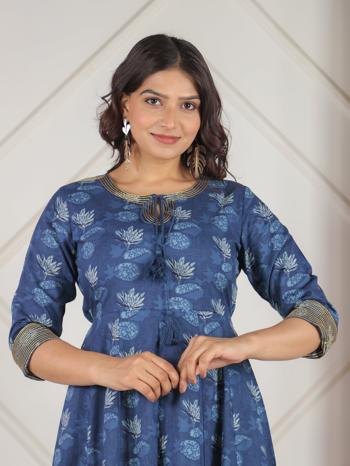 Embroidered Soft Cotton Floral Flared Blue Dress