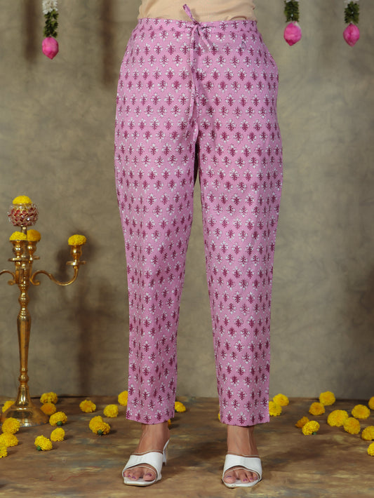 Soft Cotton Floral Purple Tapered Trousers