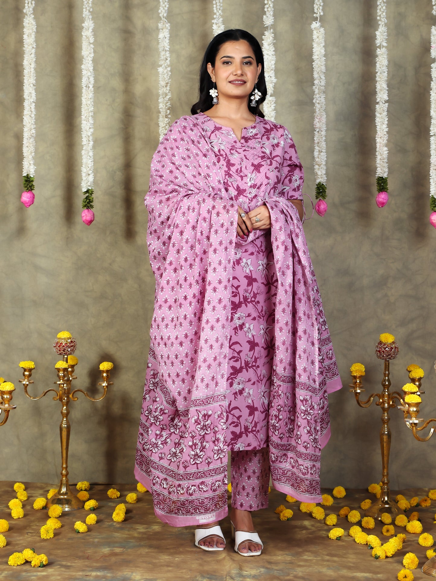 Soft Cotton Floral Straight Purple Kurta