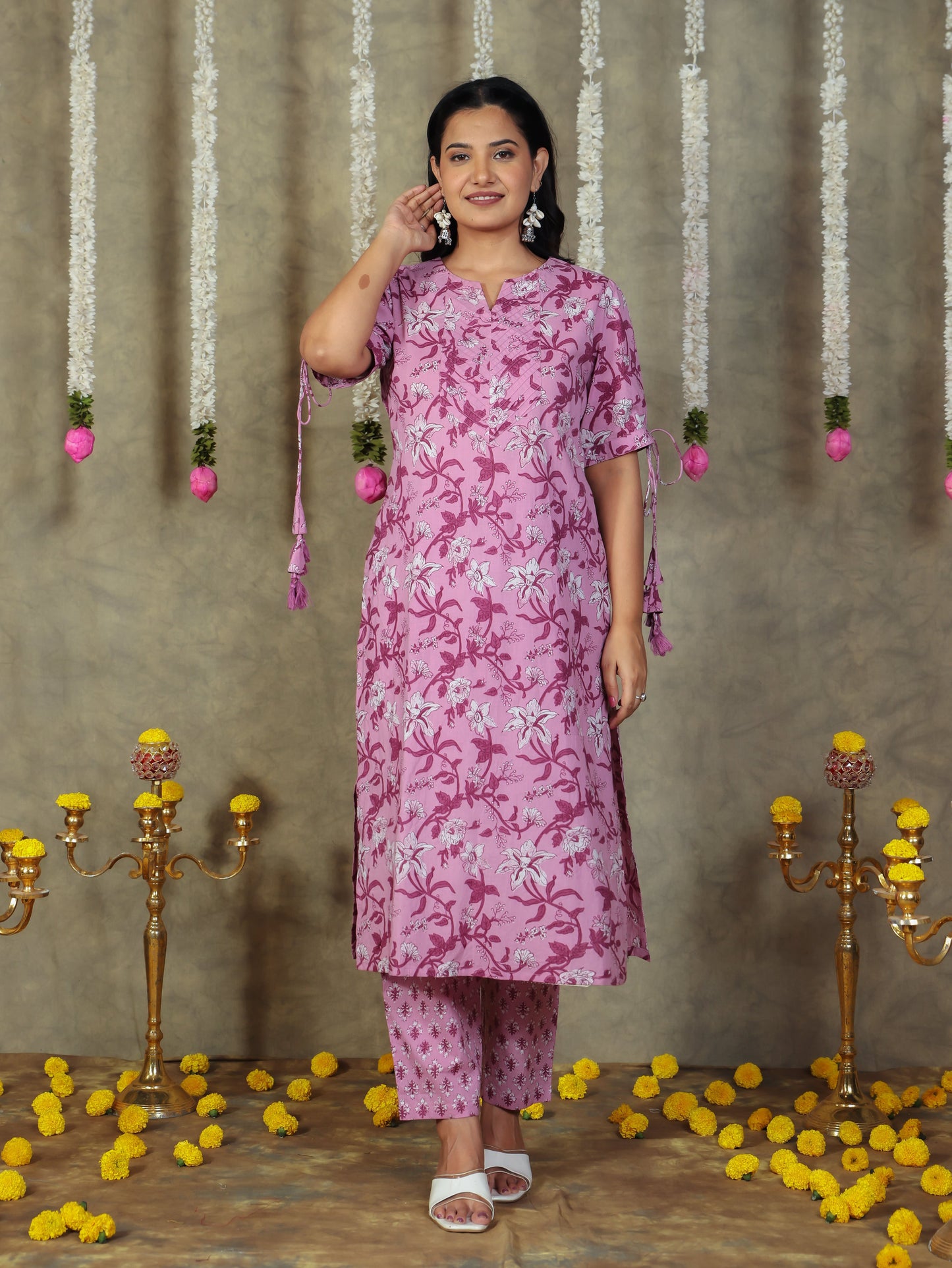 Soft Cotton Floral Straight Purple Kurta