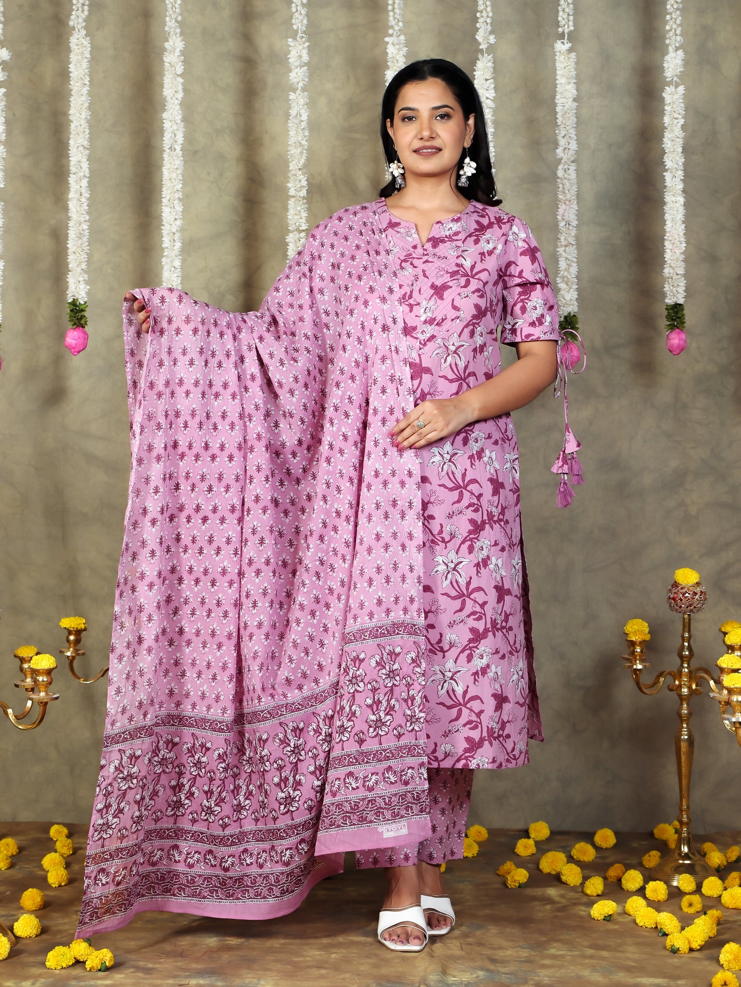 Soft Cotton Floral Straight Purple Kurta