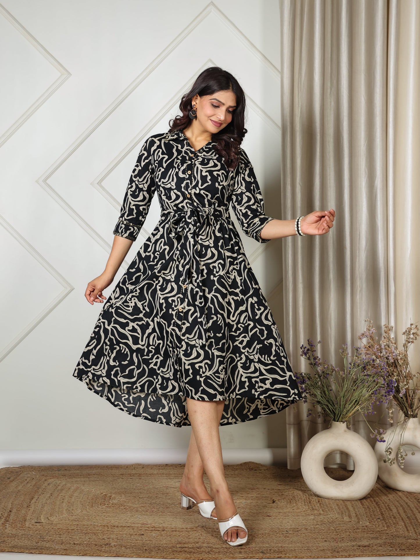Embroidered Soft Cotton Abstract Flared Black Dress