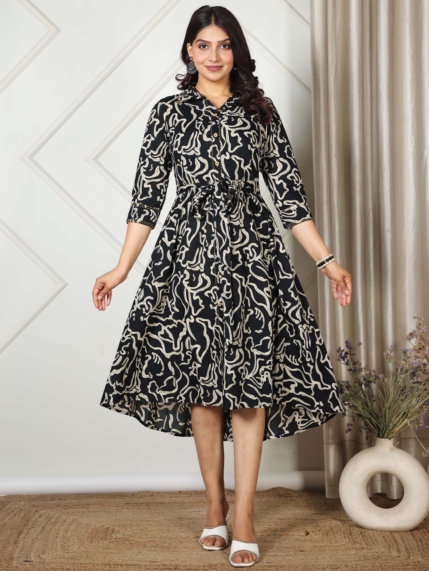 Soft Cotton Abstract High Low Black Dress (With Belt)