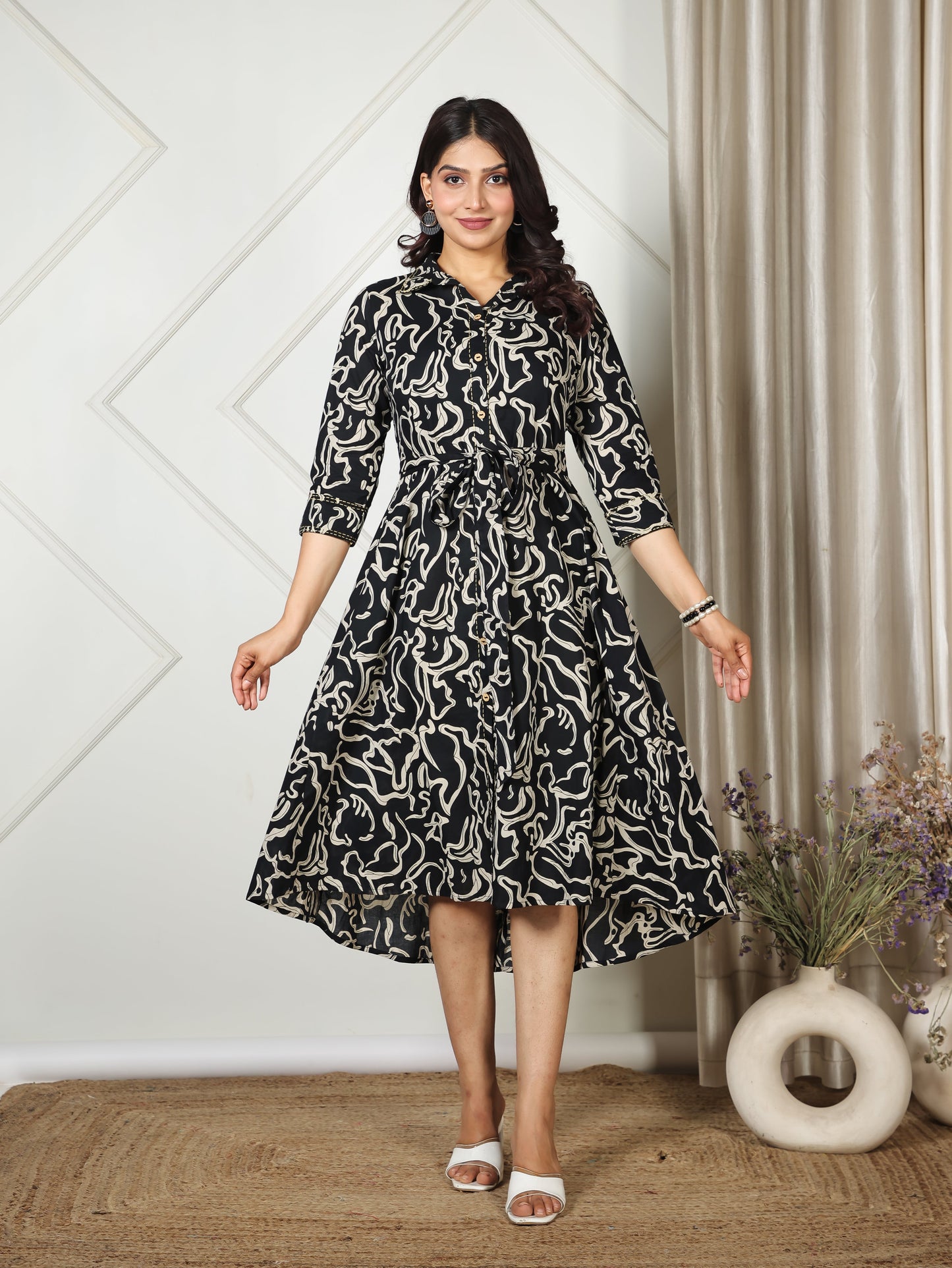 Embroidered Soft Cotton Abstract Flared Black Dress
