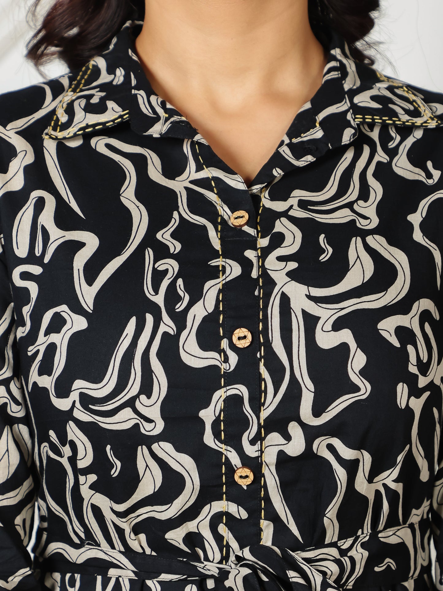 Embroidered Soft Cotton Abstract Flared Black Dress