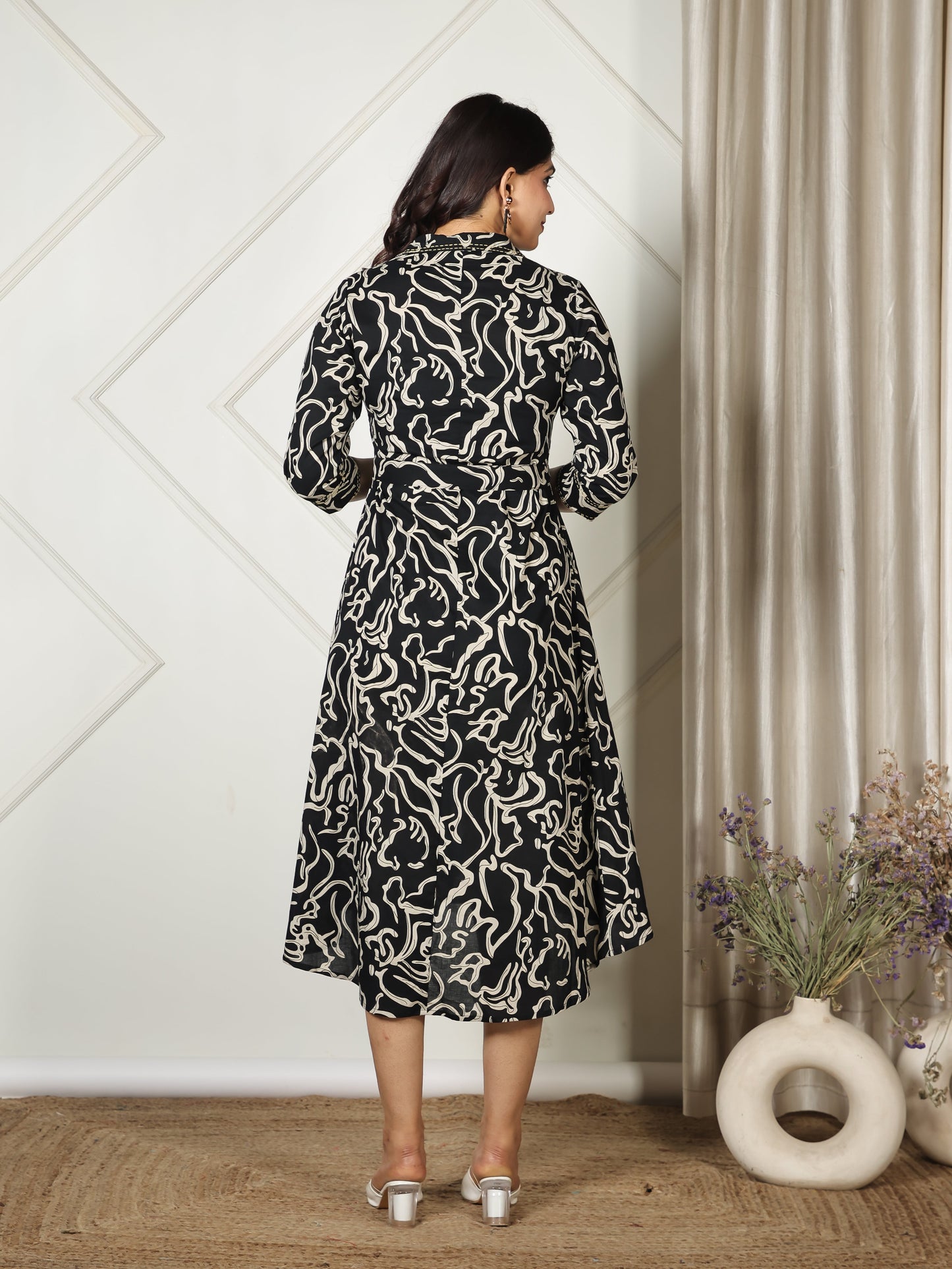Embroidered Soft Cotton Abstract Flared Black Dress