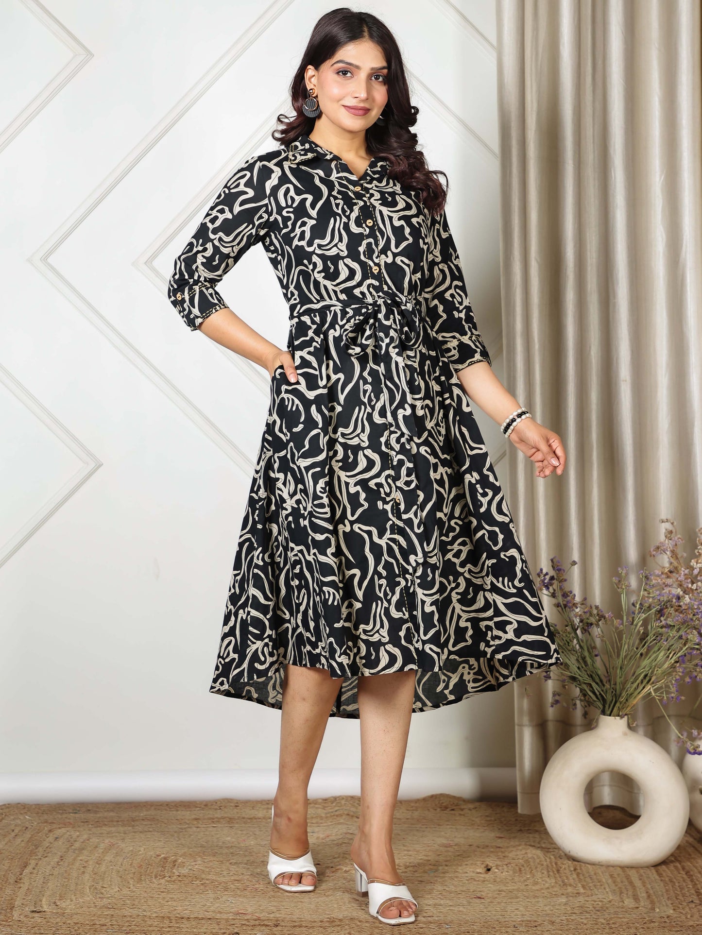 Soft Cotton Abstract High Low Black Dress (With Belt)