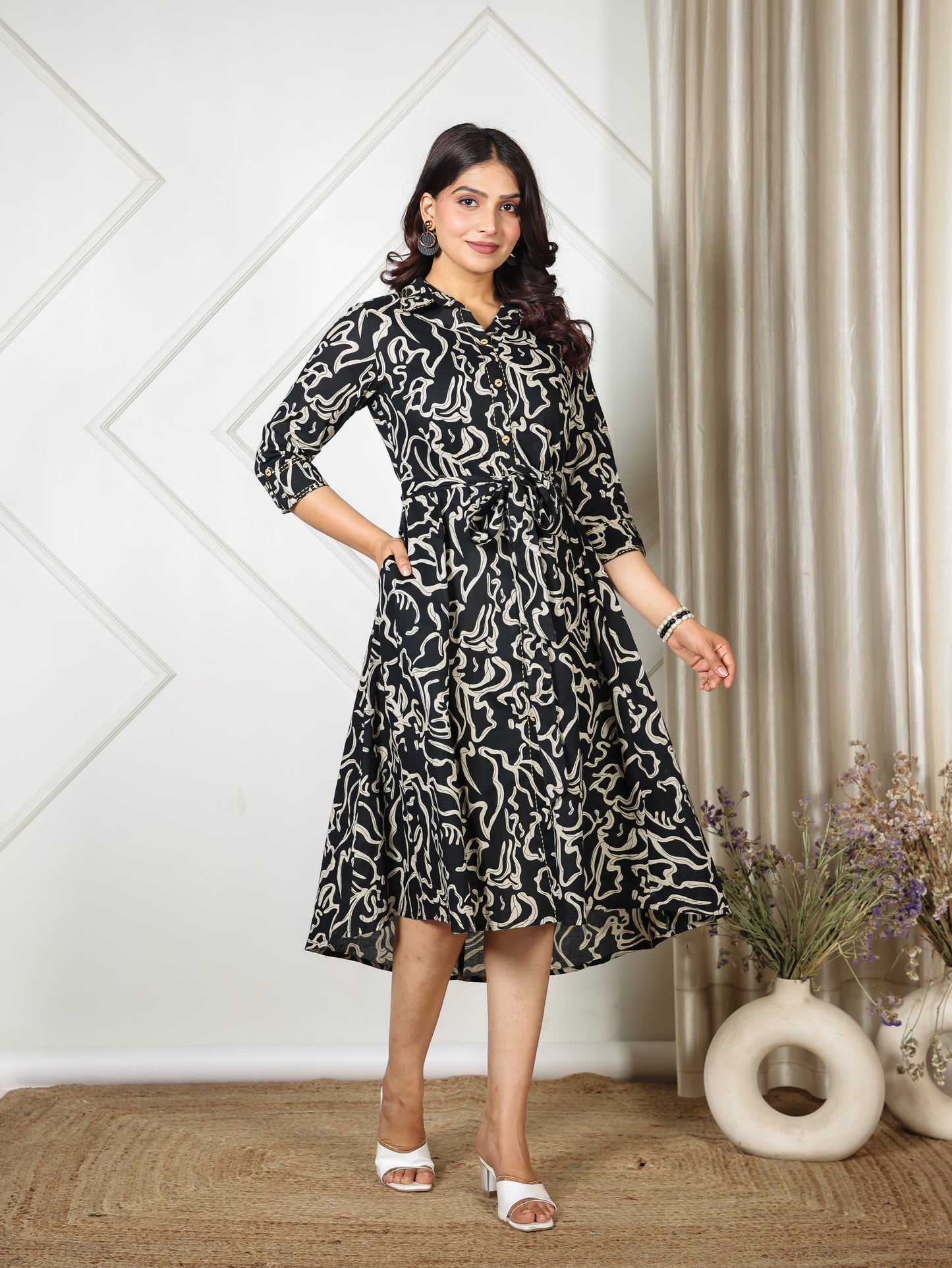 Embroidered Soft Cotton Abstract Flared Black Dress