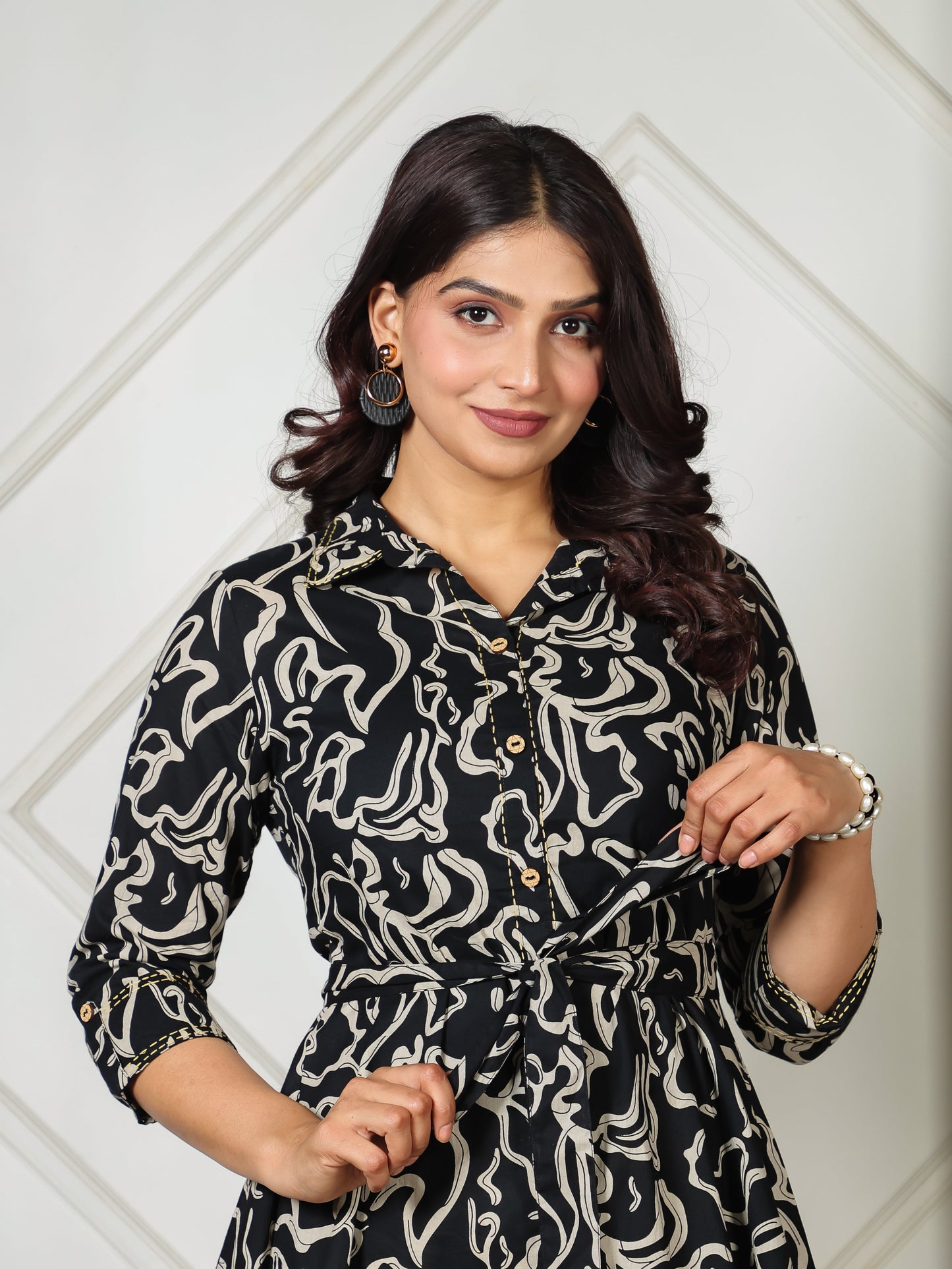Embroidered Soft Cotton Abstract Flared Black Dress