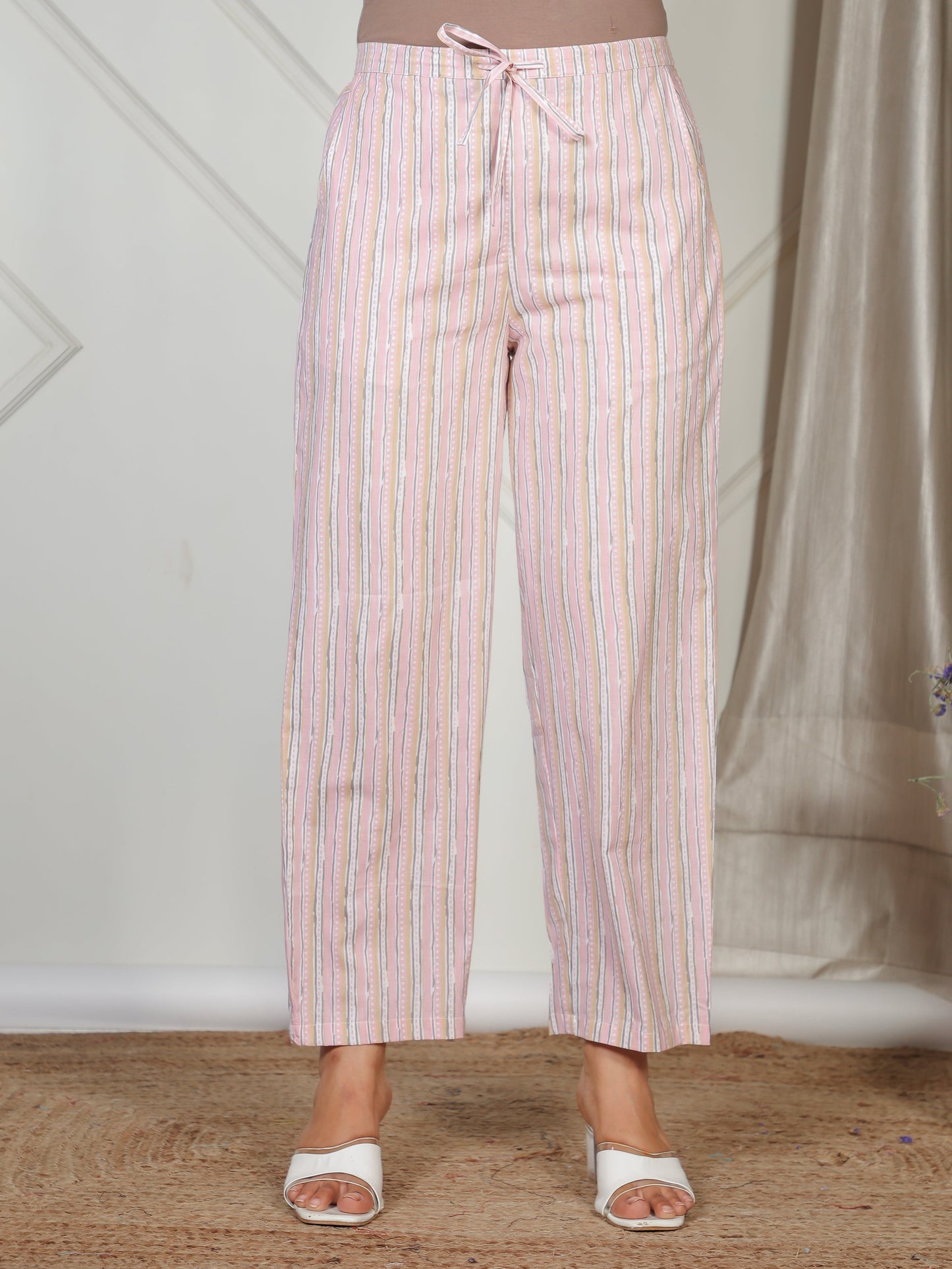 Soft Cotton Striped Pink Straight Trousers