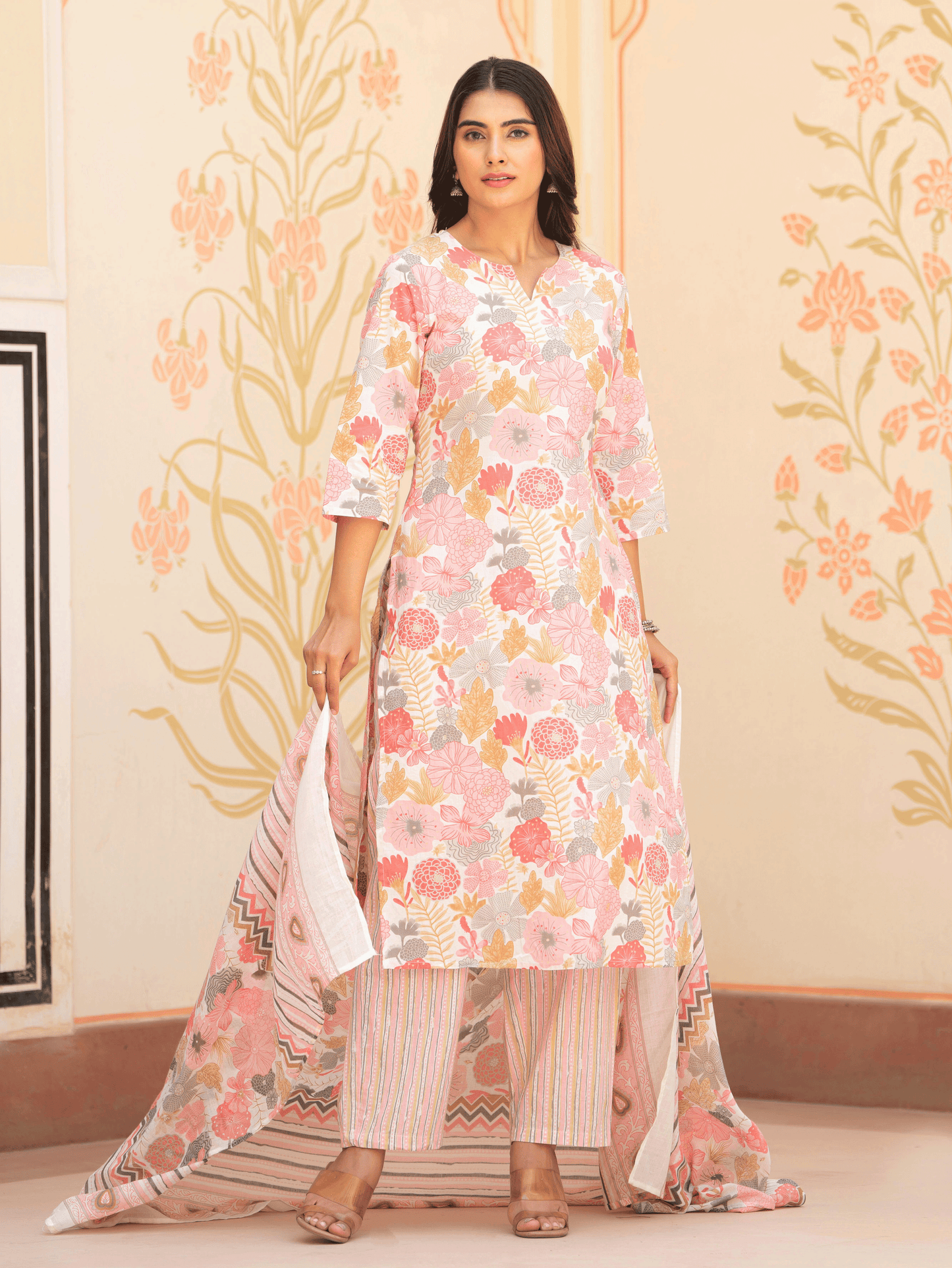 Soft Cotton Floral Straight Pink Kurta