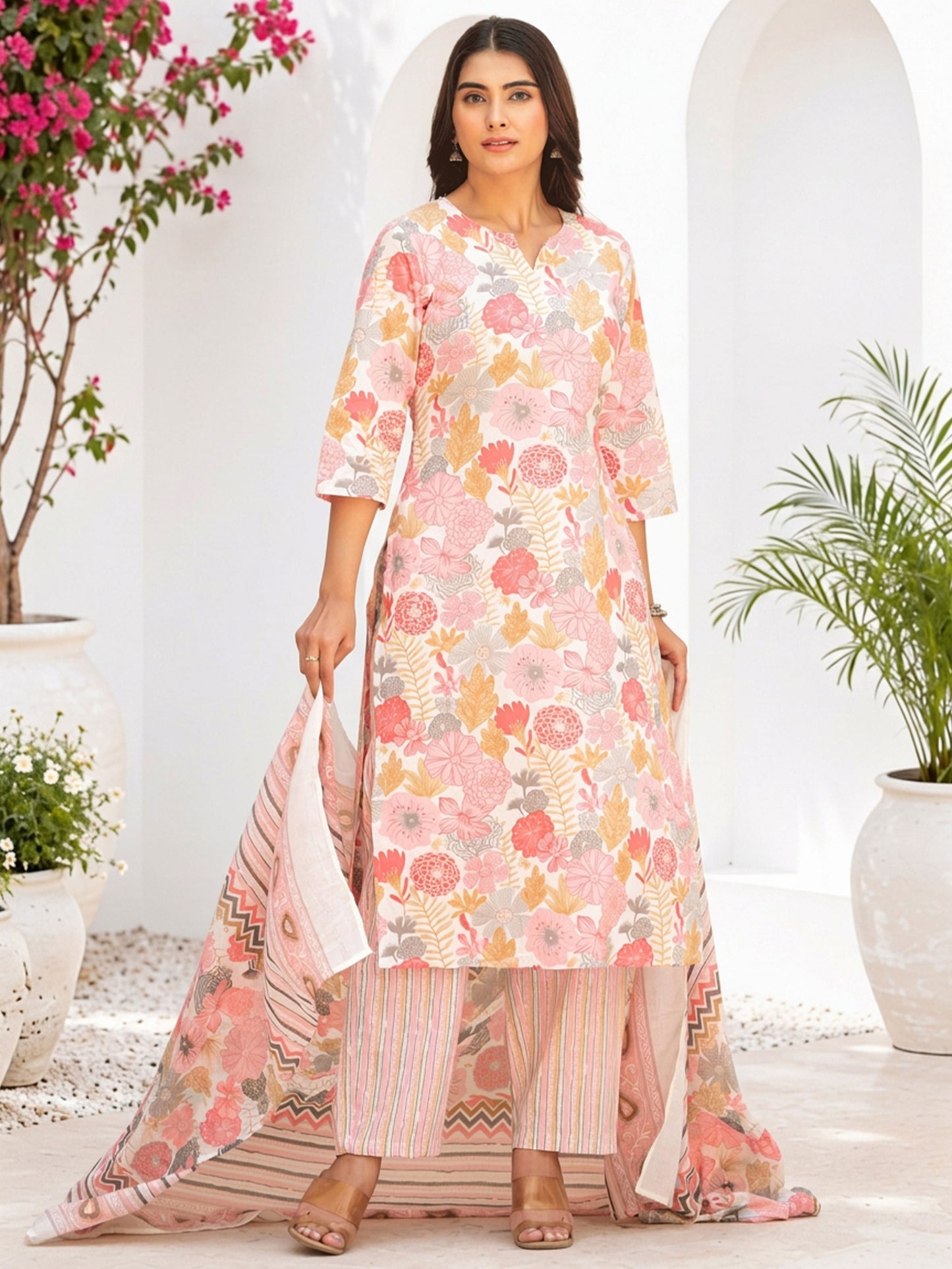 Cotton Voile Striped Pink Dupatta