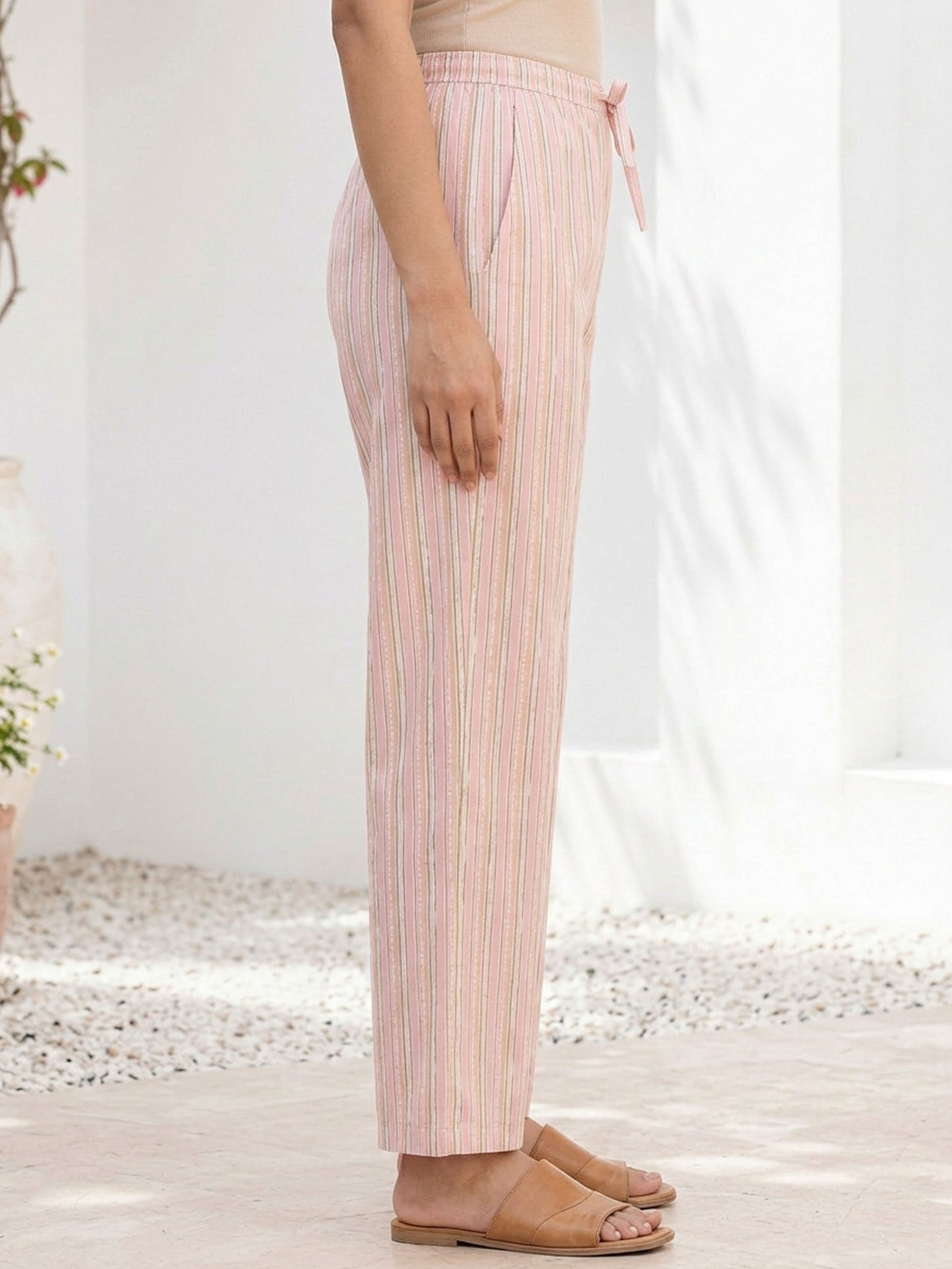 Soft Cotton Striped Pink Straight Trousers
