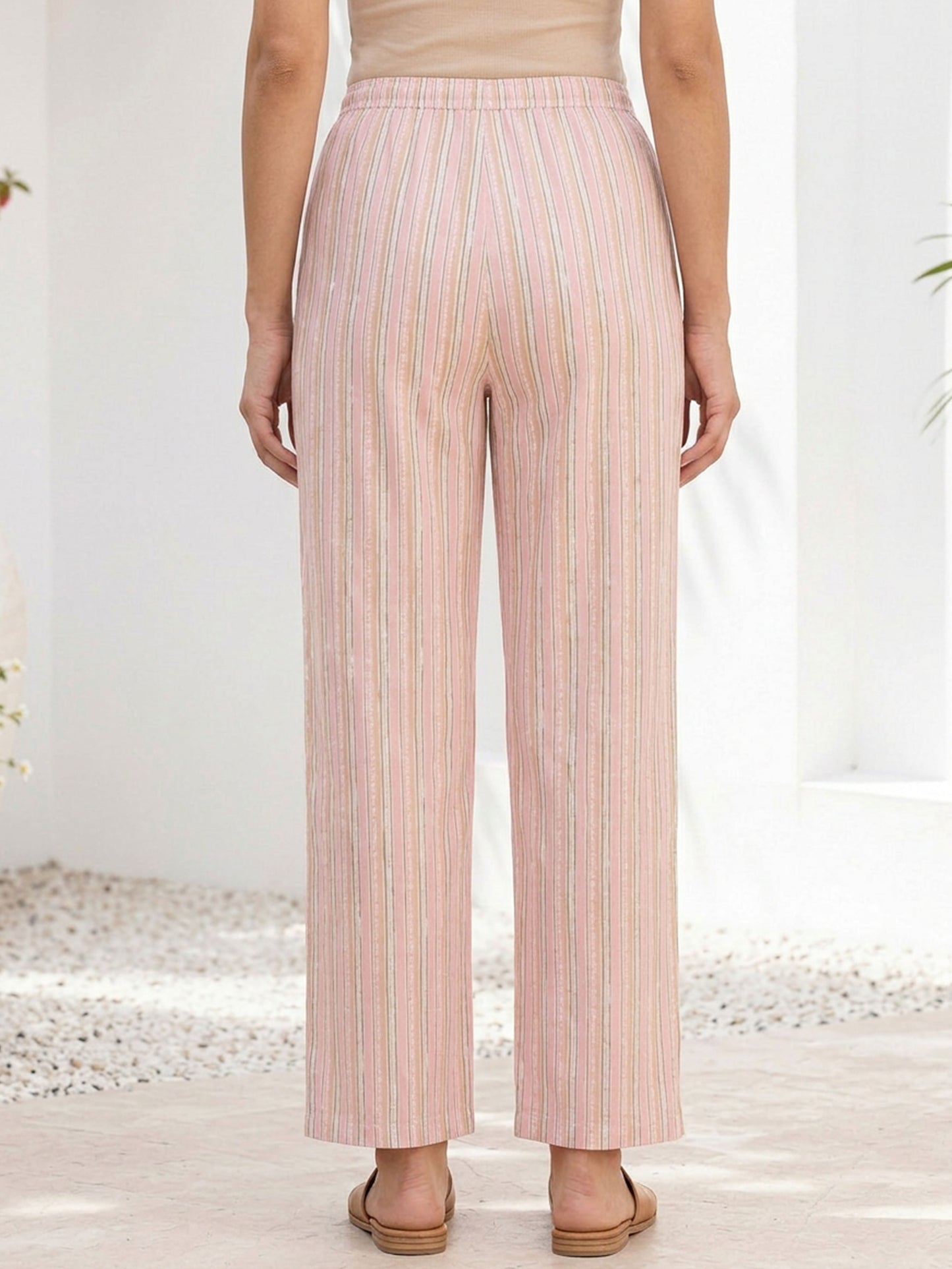 Soft Cotton Striped Pink Straight Trousers