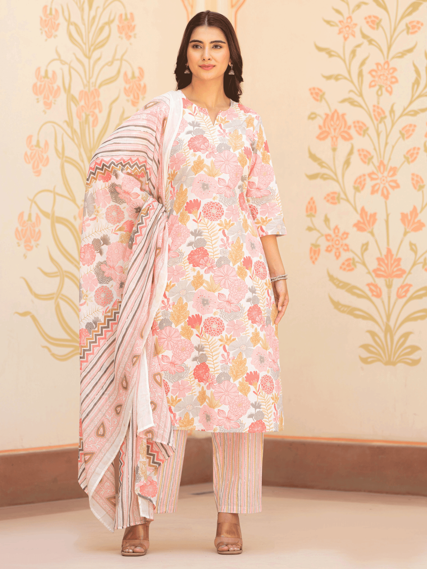 Soft Cotton Floral Straight Pink Kurta
