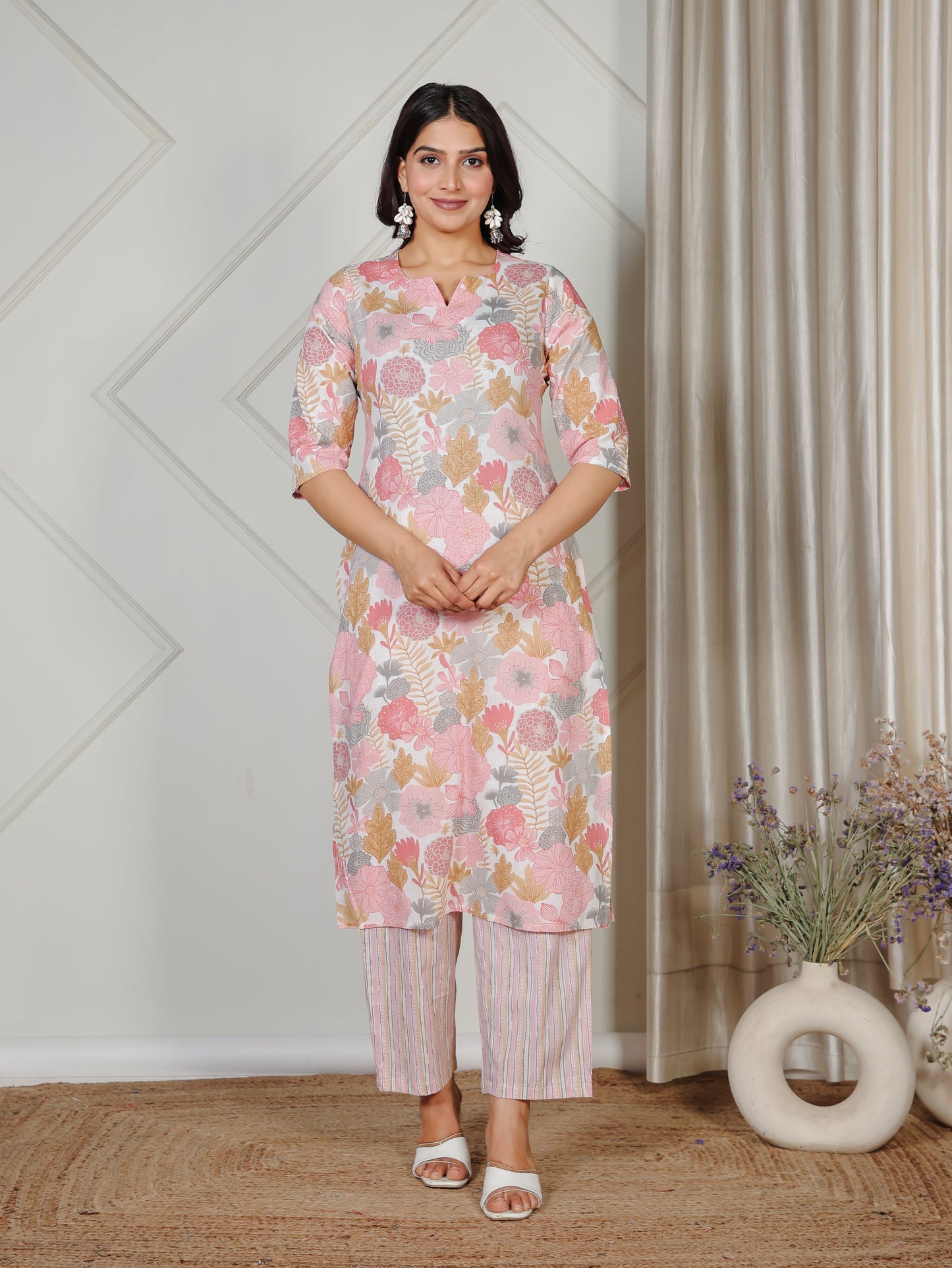 Soft Cotton Floral Straight Pink Kurta