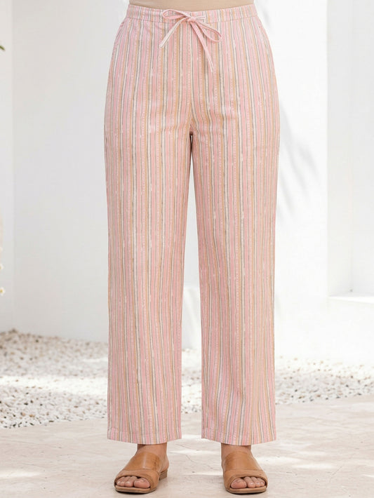 Soft Cotton Striped Pink Straight Trousers