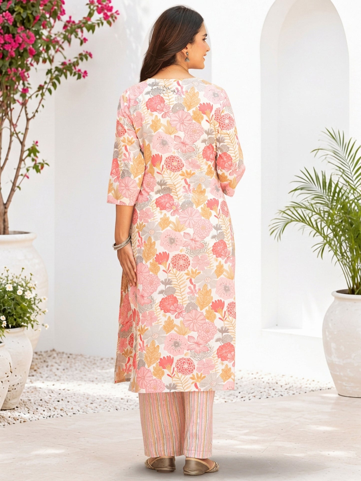 Soft Cotton Floral Straight Pink Kurta
