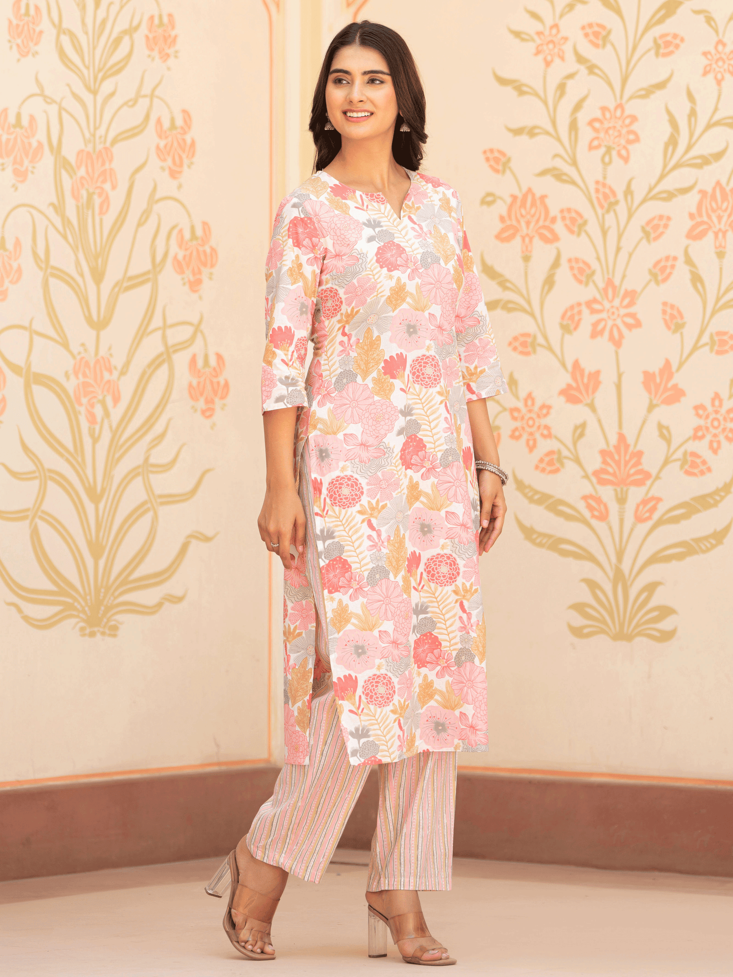 Soft Cotton Floral Straight Pink Kurta