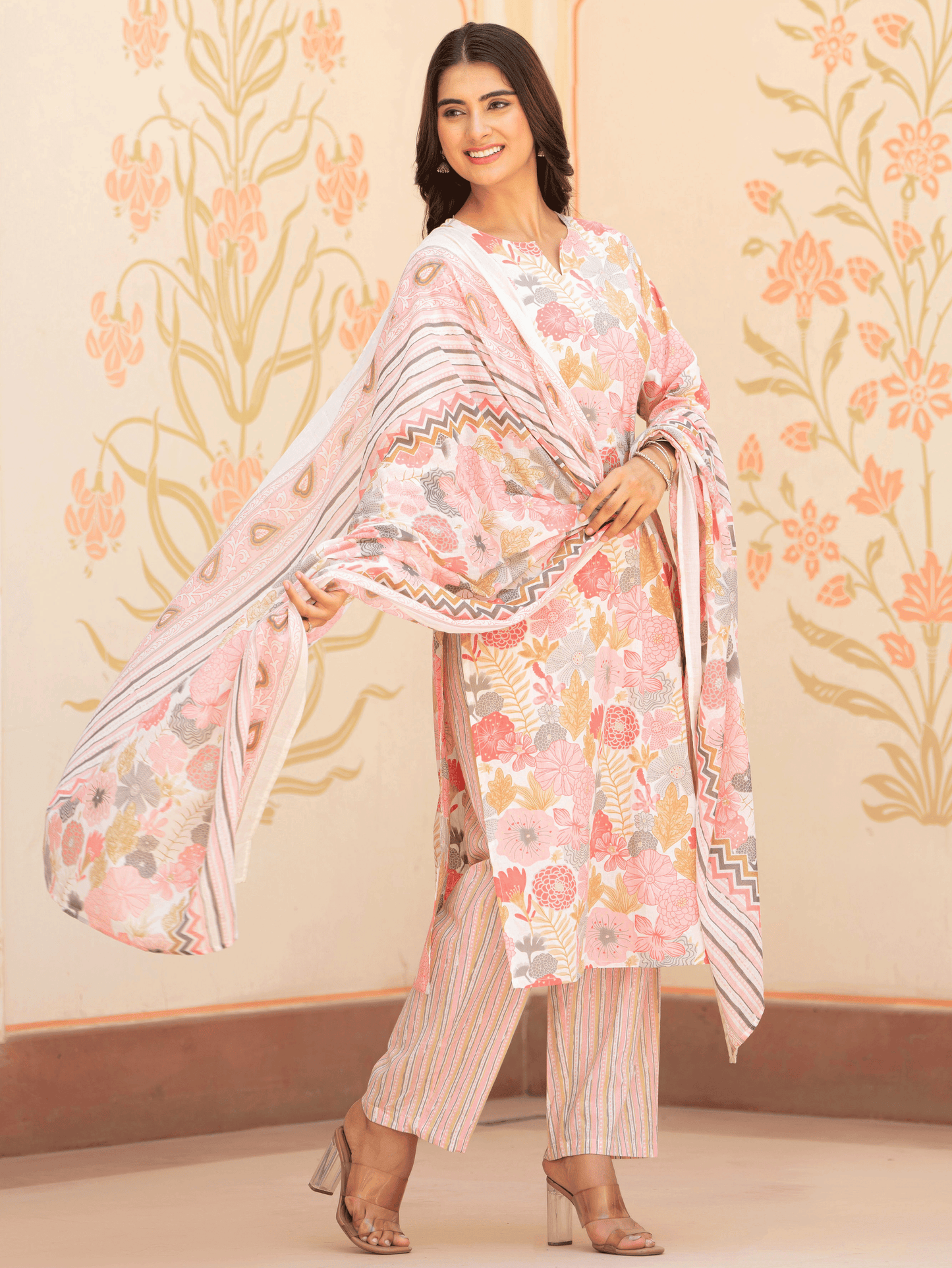 Soft Cotton Floral Straight Pink Kurta
