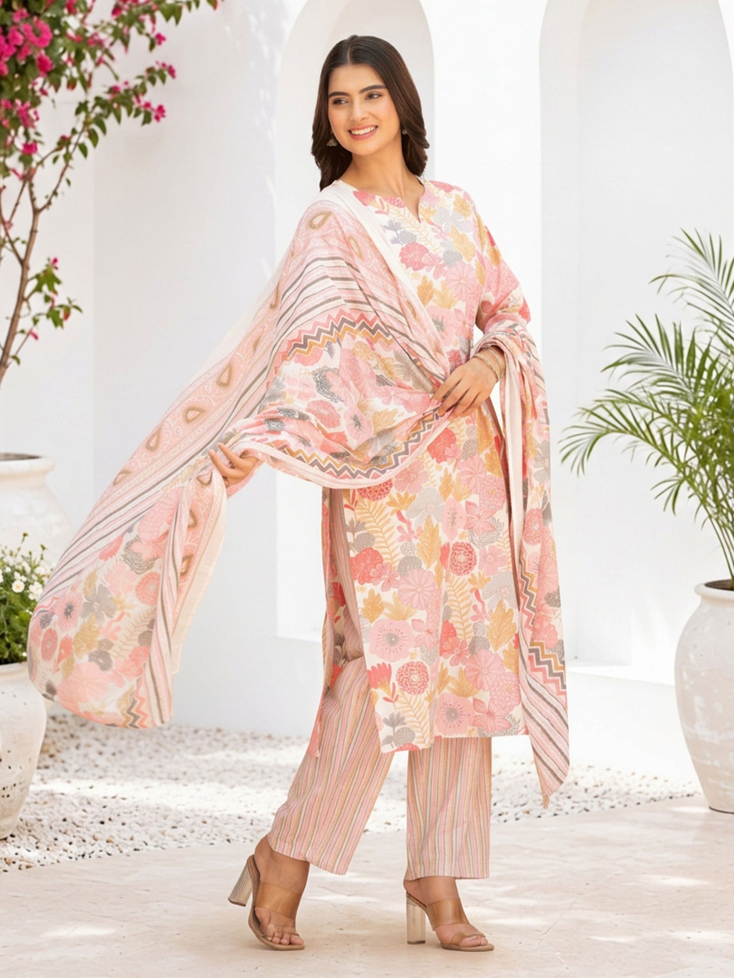 Soft Cotton Floral Straight Pink Kurta